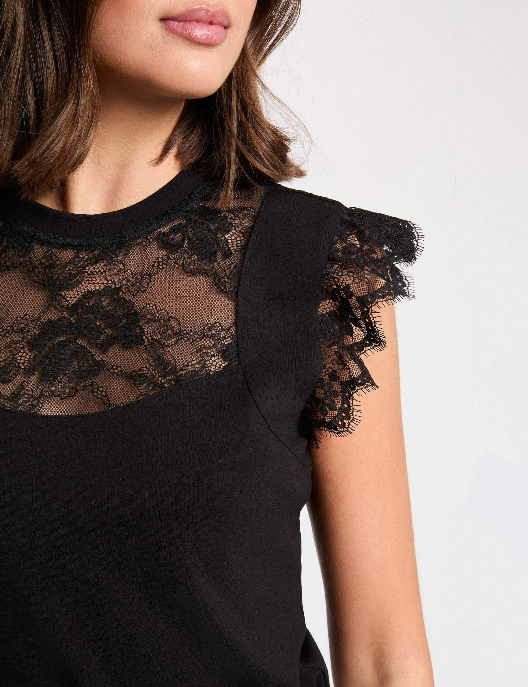 T-shirt dentelle col montant noir femme