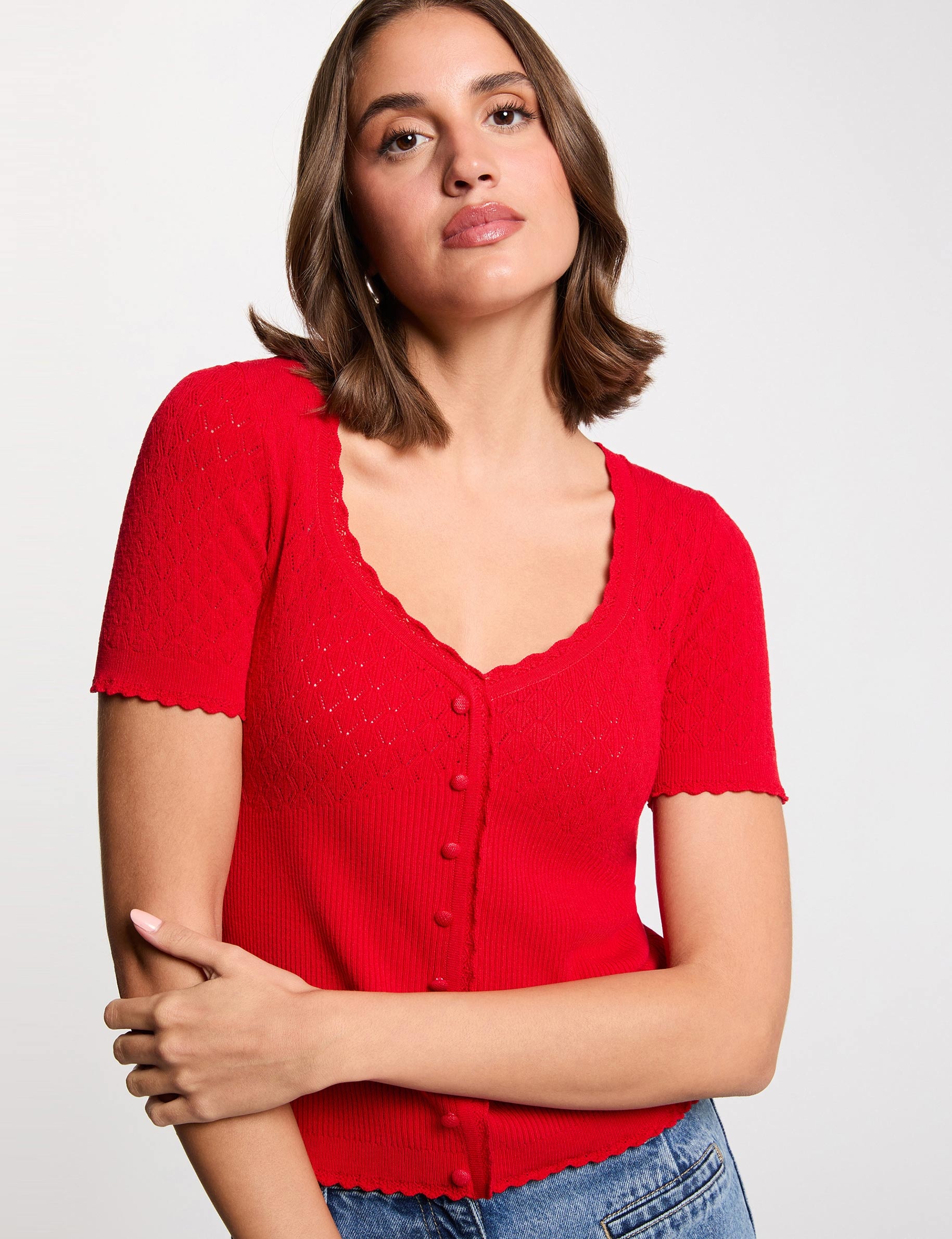 Pull ajusté col v rouge femme | Morgan