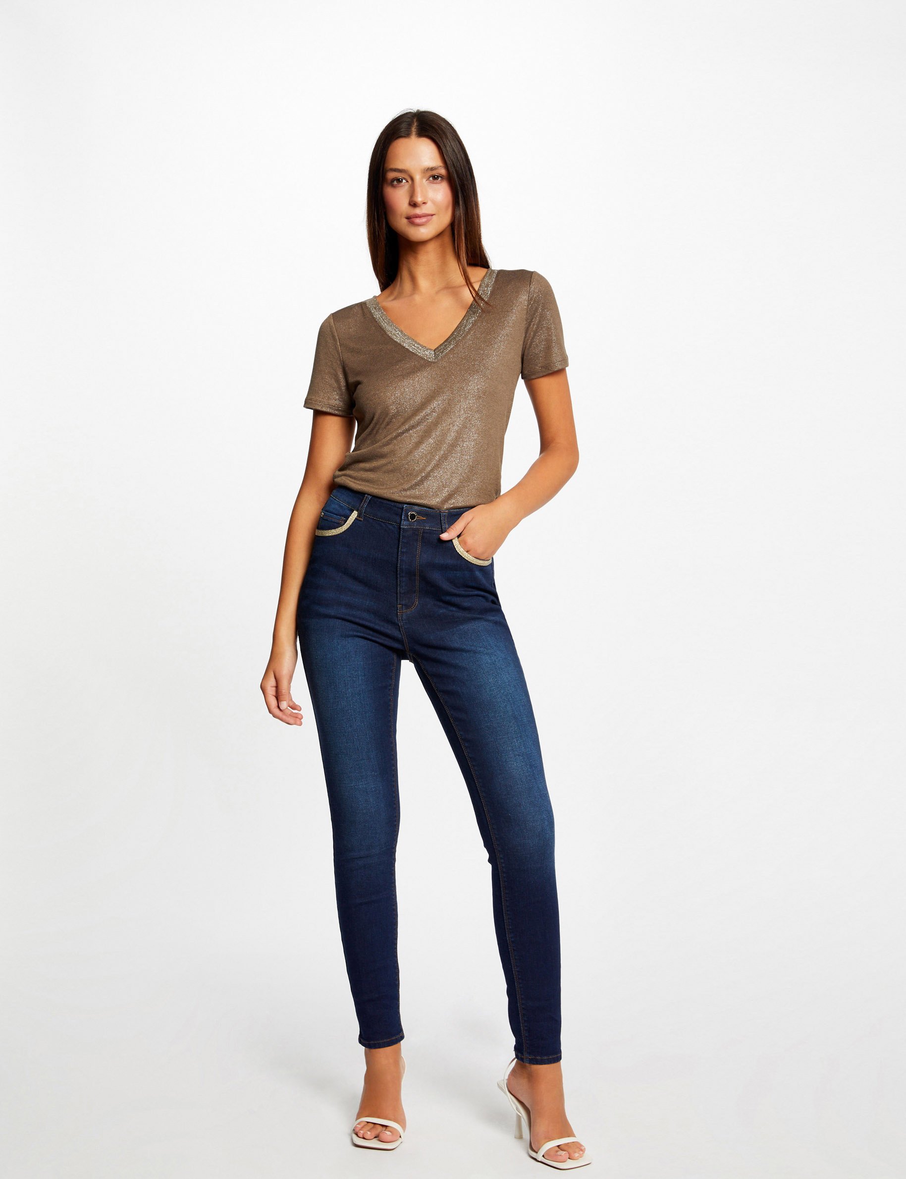 Jeans skinny à bandes métallisées jean brut femme