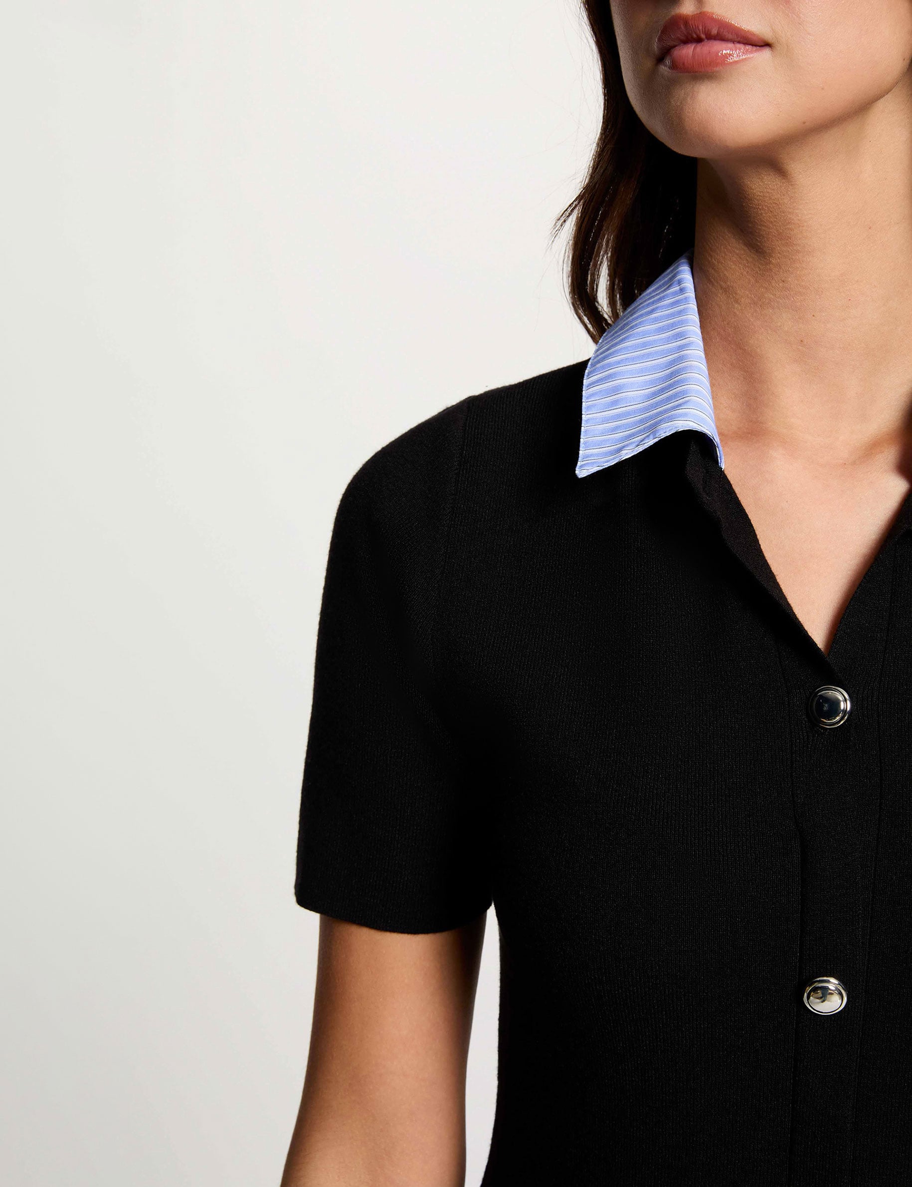 Robe tricot col chemise noir femme