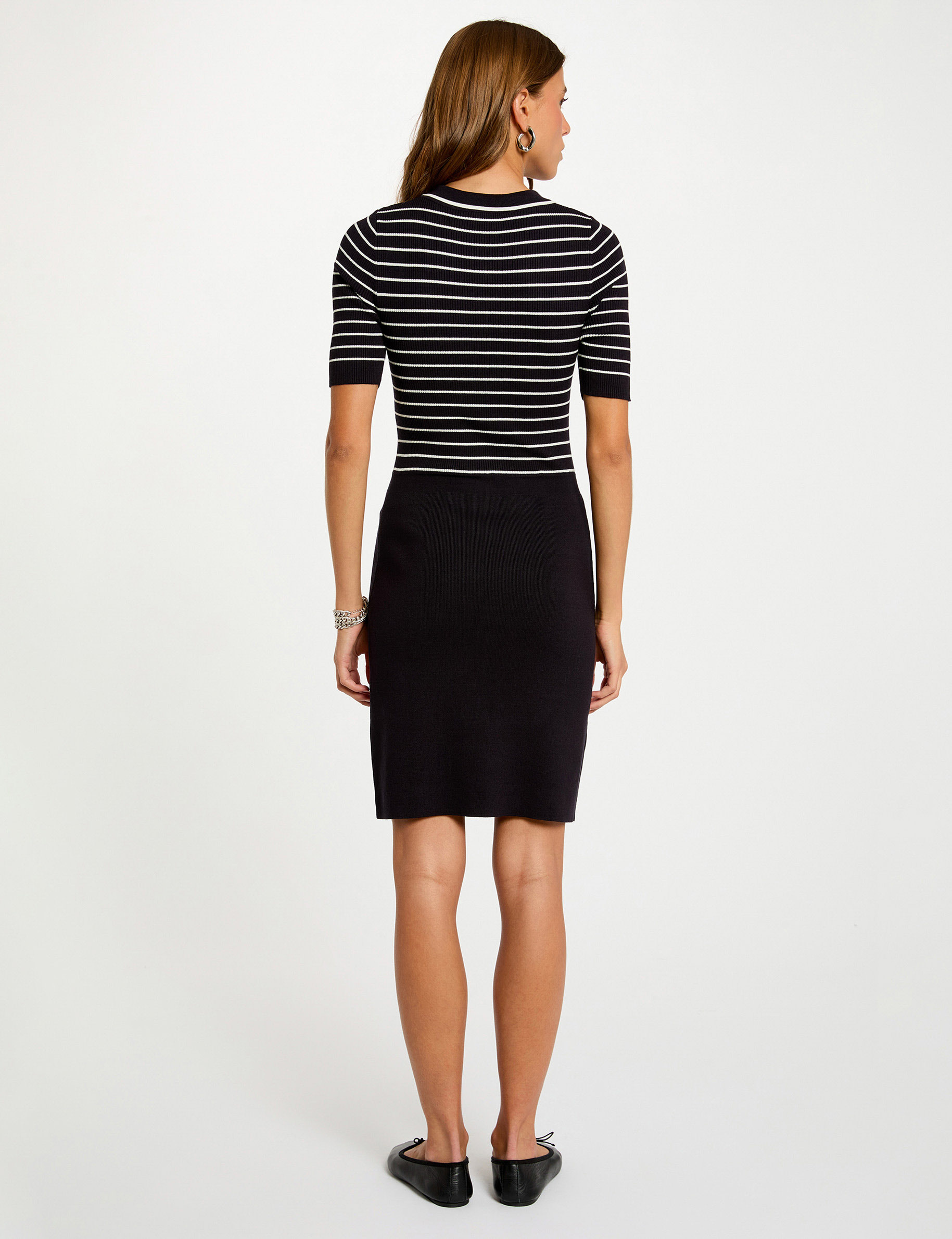 Robe tricot courte ray&eacute;e bleu marine femme