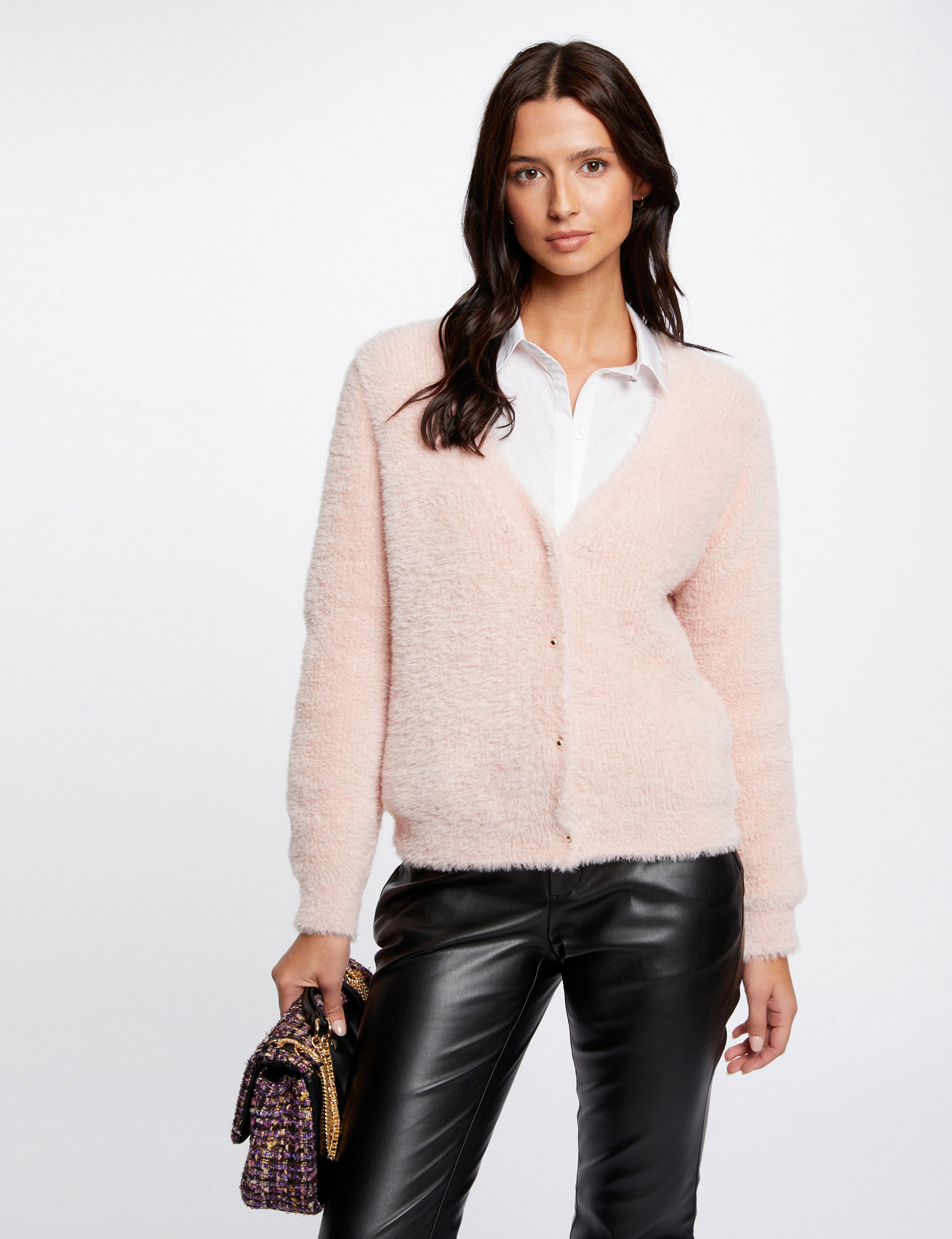 Gilet manches longues col en V rose femme