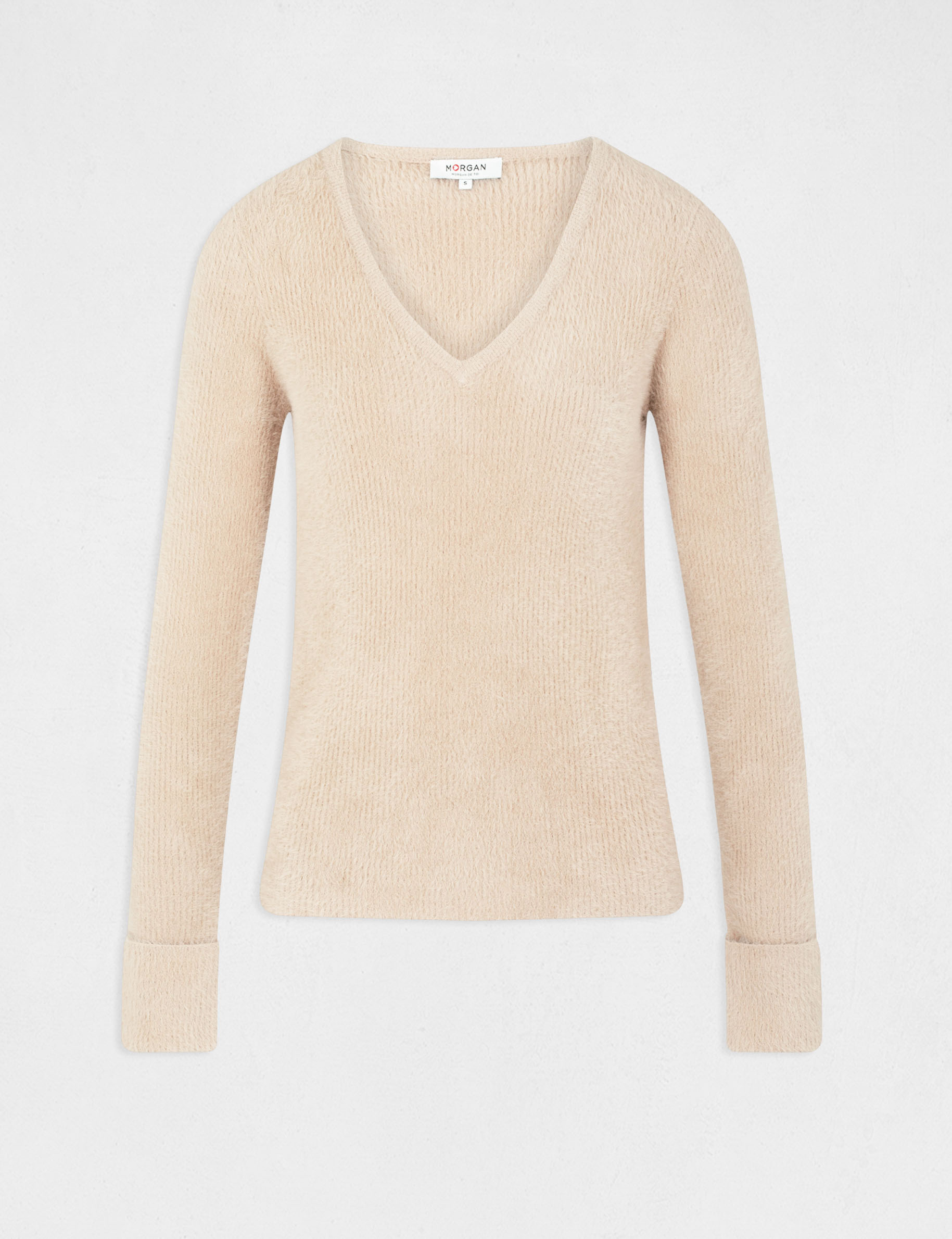 Pull manches longues maille duveteuse beige femme