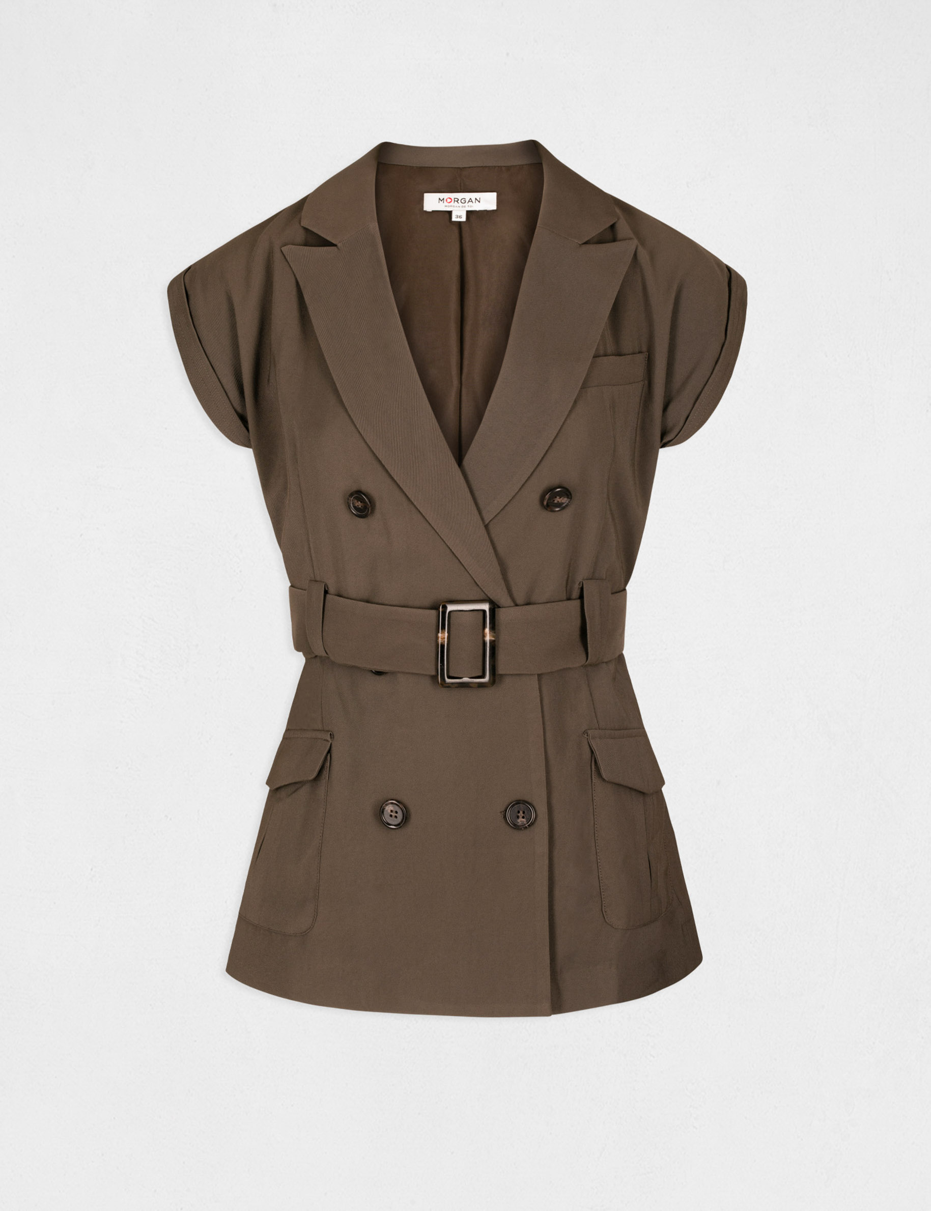 Veste ajustée manches courtes ceinturée kaki femme Morgan