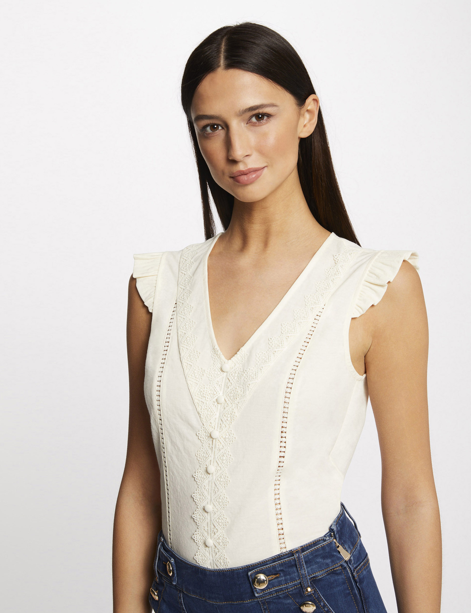 T-shirt manches courtes à dentelle ecru moyen femme T-shirt manches courtes à dentelle ecru moyen femme