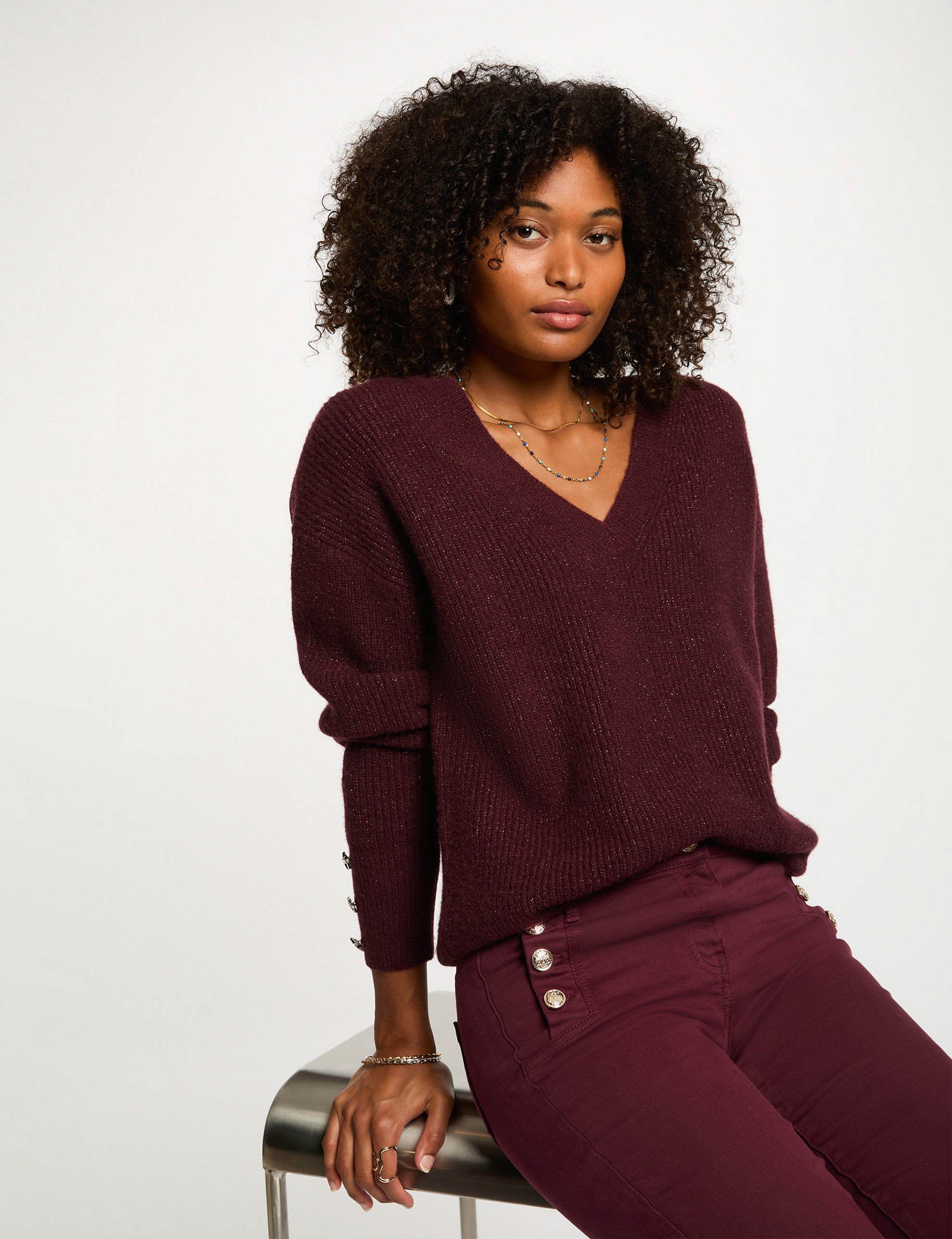 Pull col en V oversize prune femme Morgan