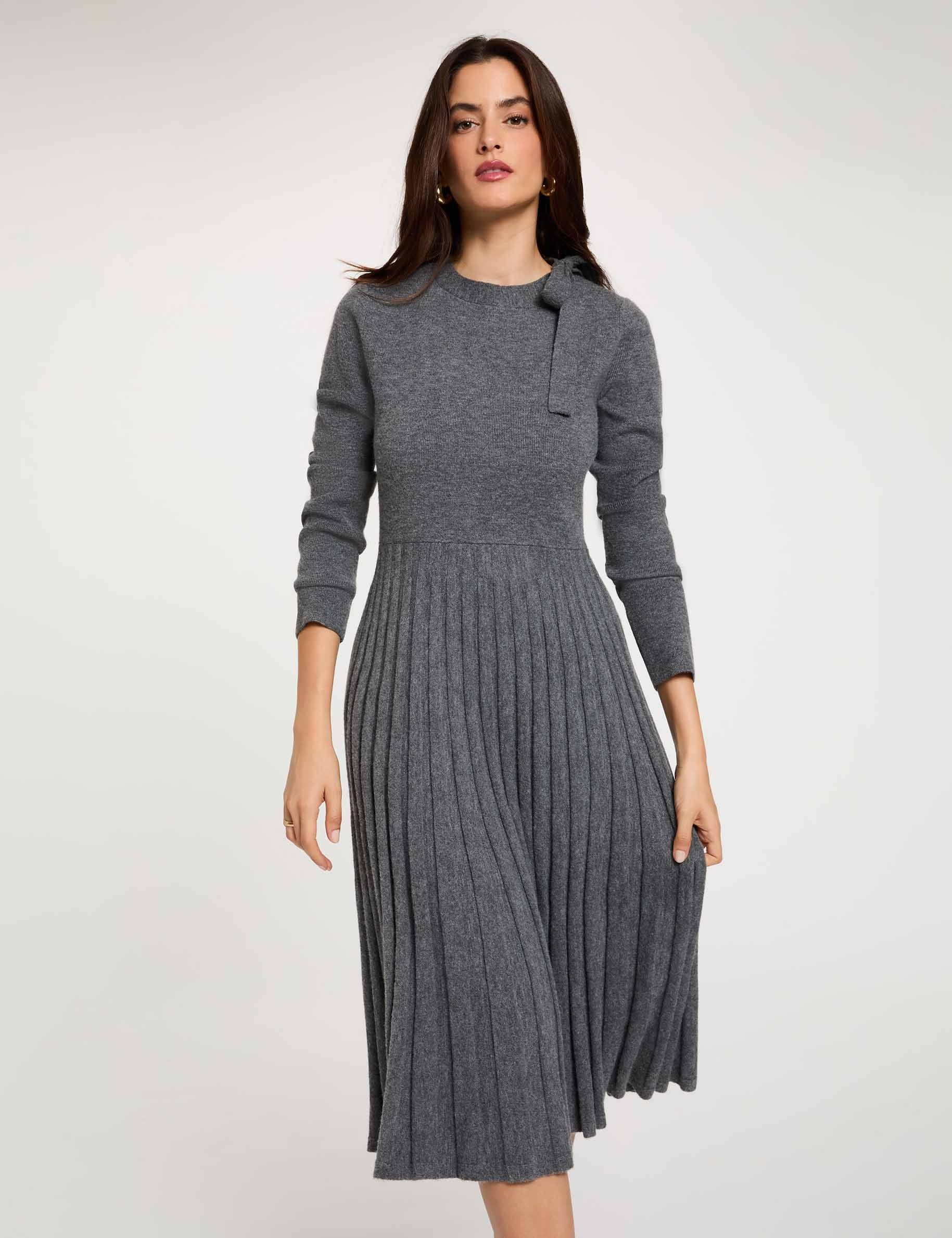 Robe tricot pliss&eacute;e gris clair femme