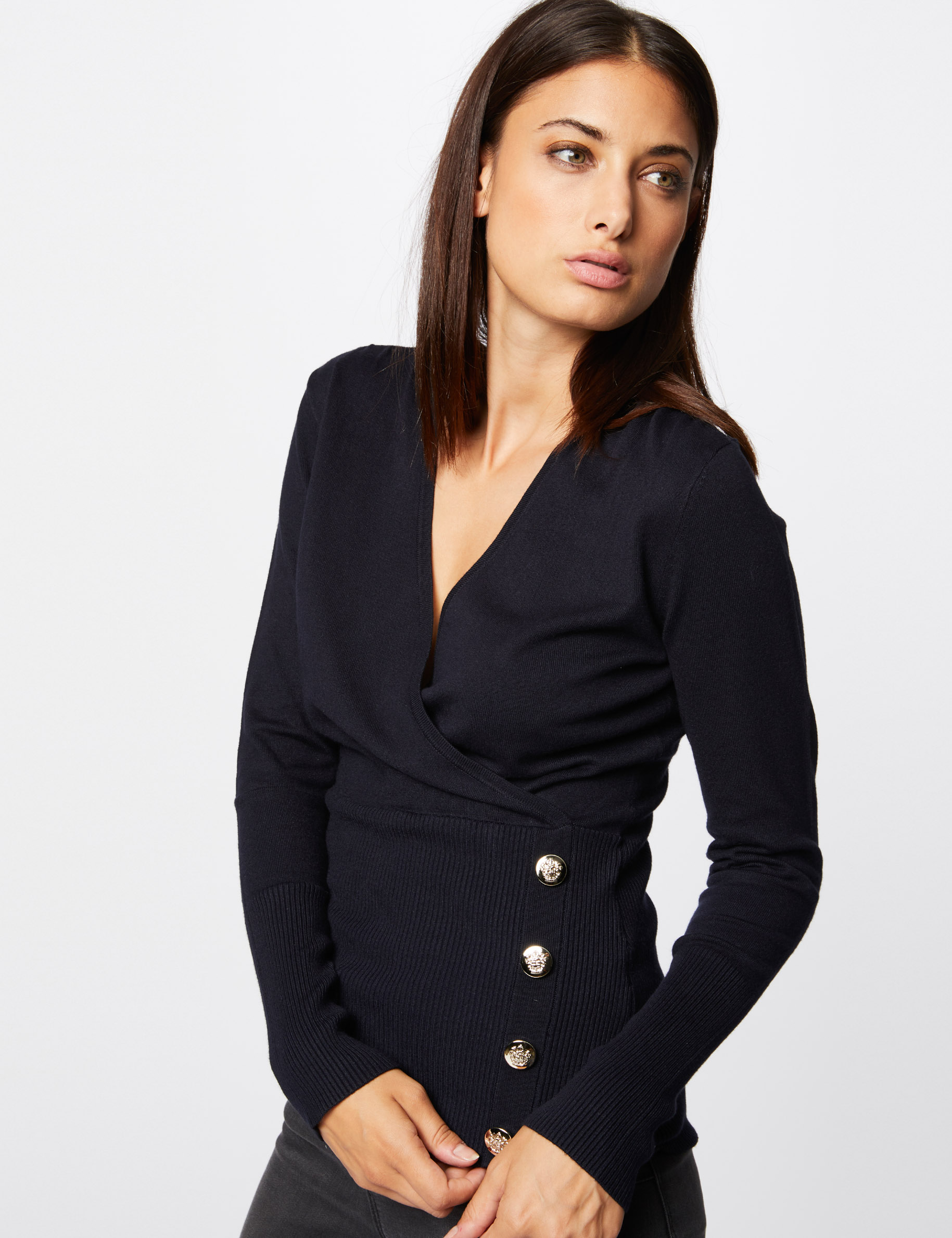 Pull manches longues &agrave; col effet crois&eacute; bleu marine femme