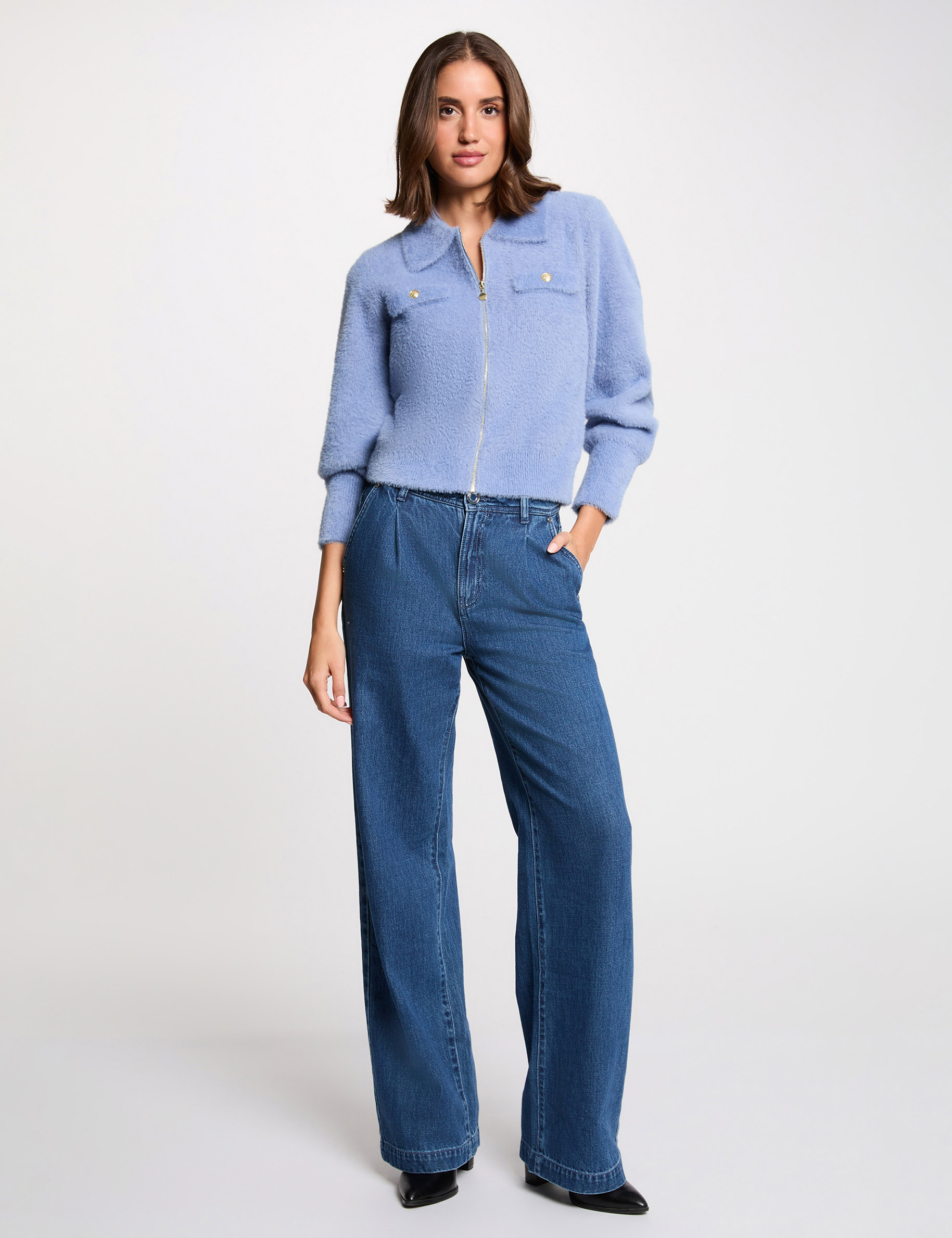 Gilet manches longues col &agrave; revers bleu femme