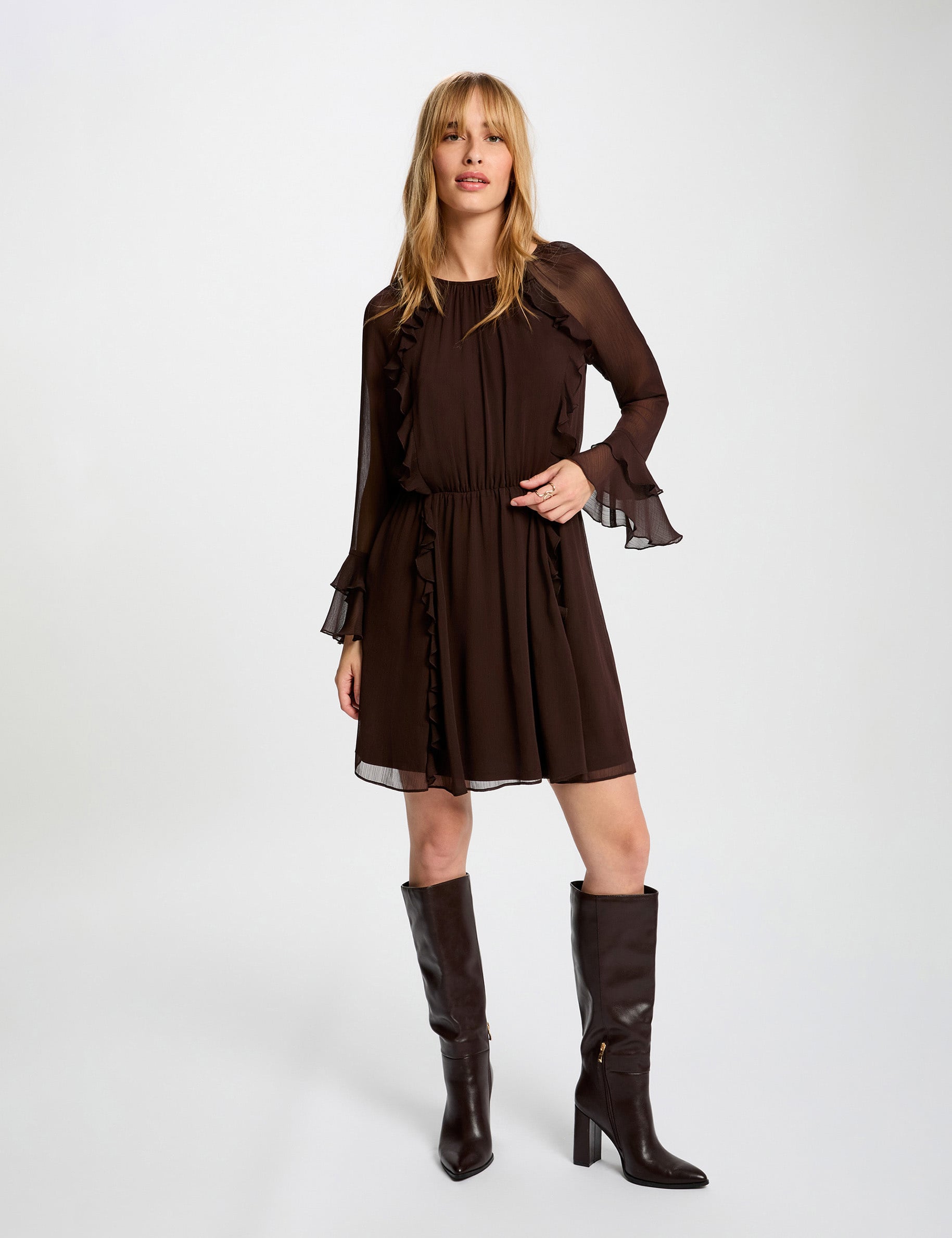Robe courte fluide marron fonc&eacute; femme