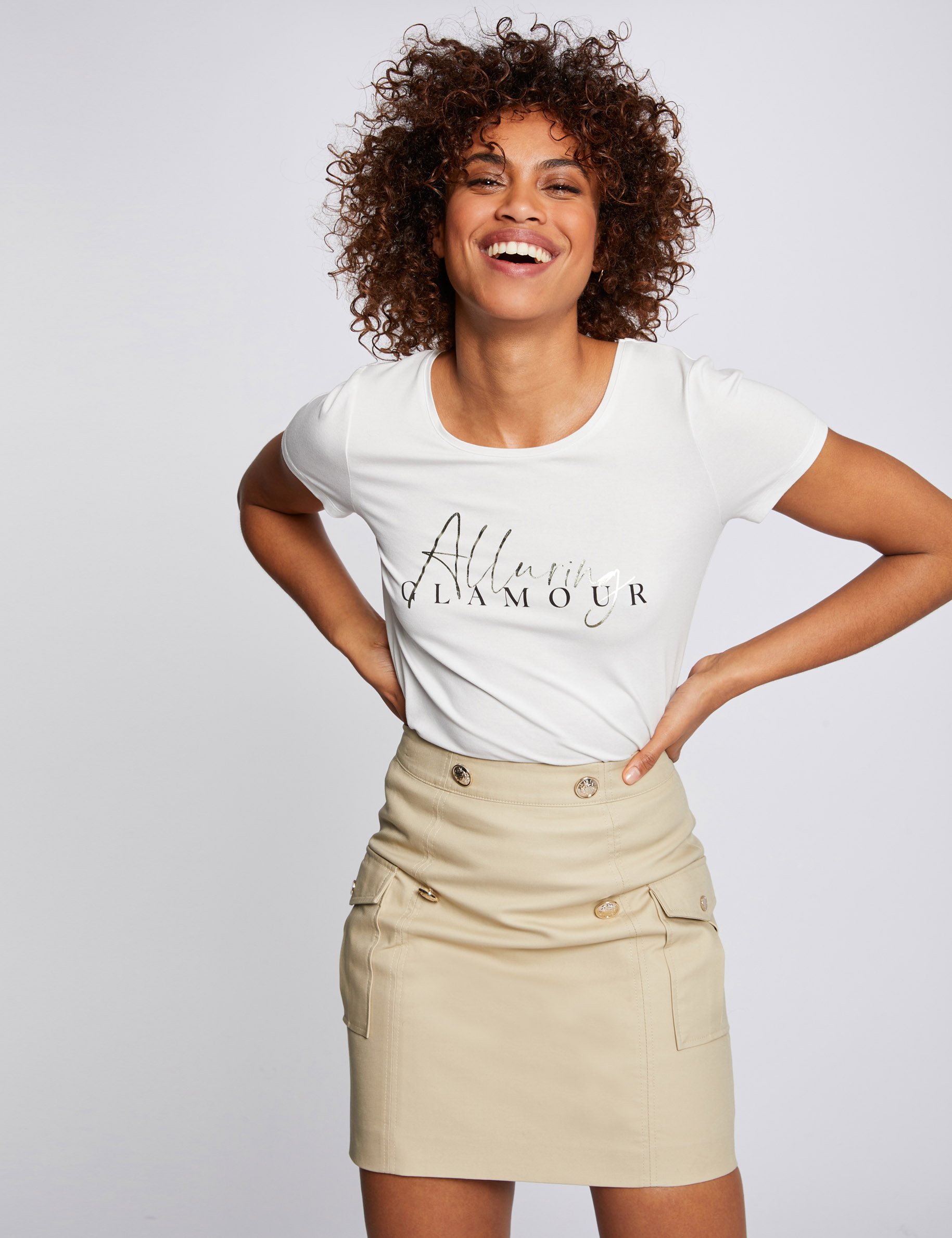Jupe ajustee taille haute avec boutons beige femme Morgan