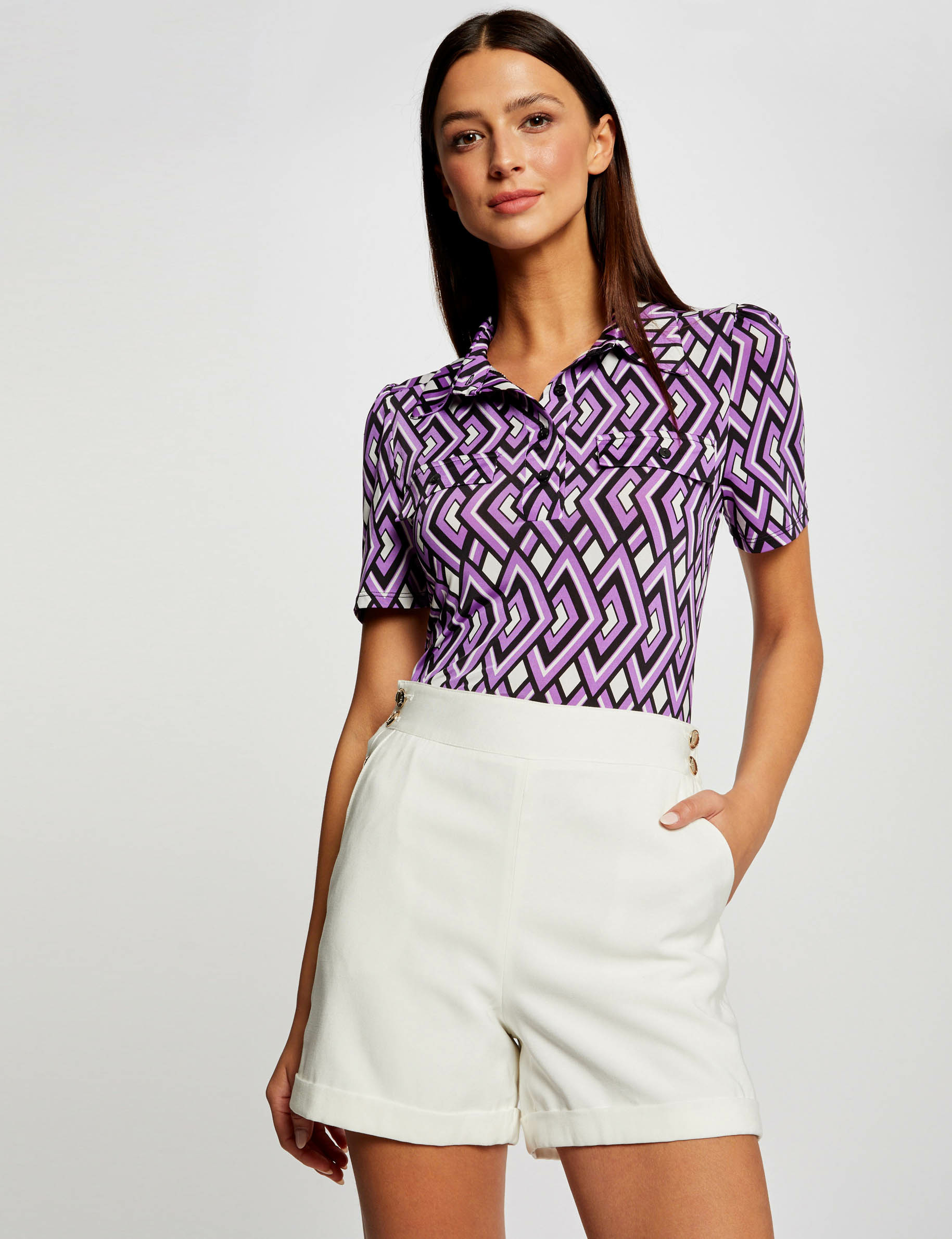 T-shirt manches courtes col polo imprimé multico femme T-shirt manches courtes col polo imprimé multico femme