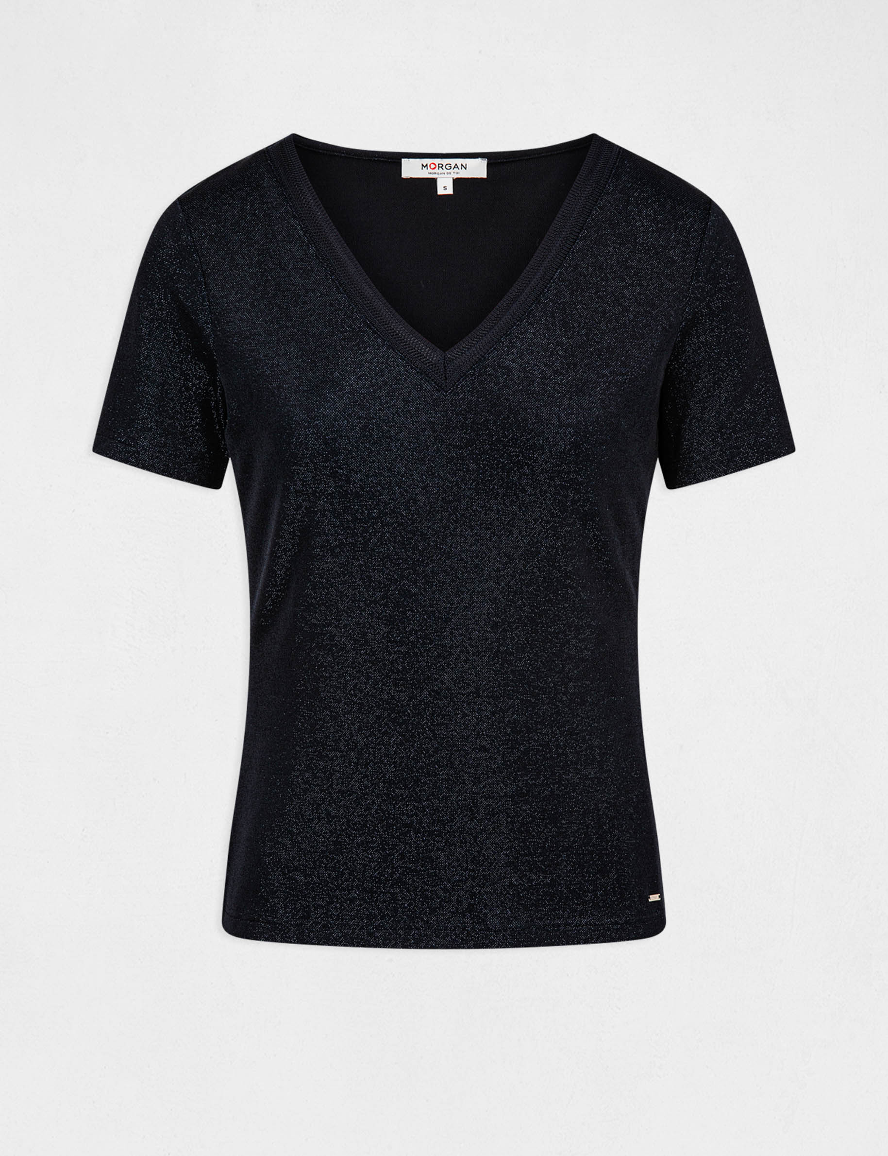 T-shirt manches courtes avec col en V bleu marine femme