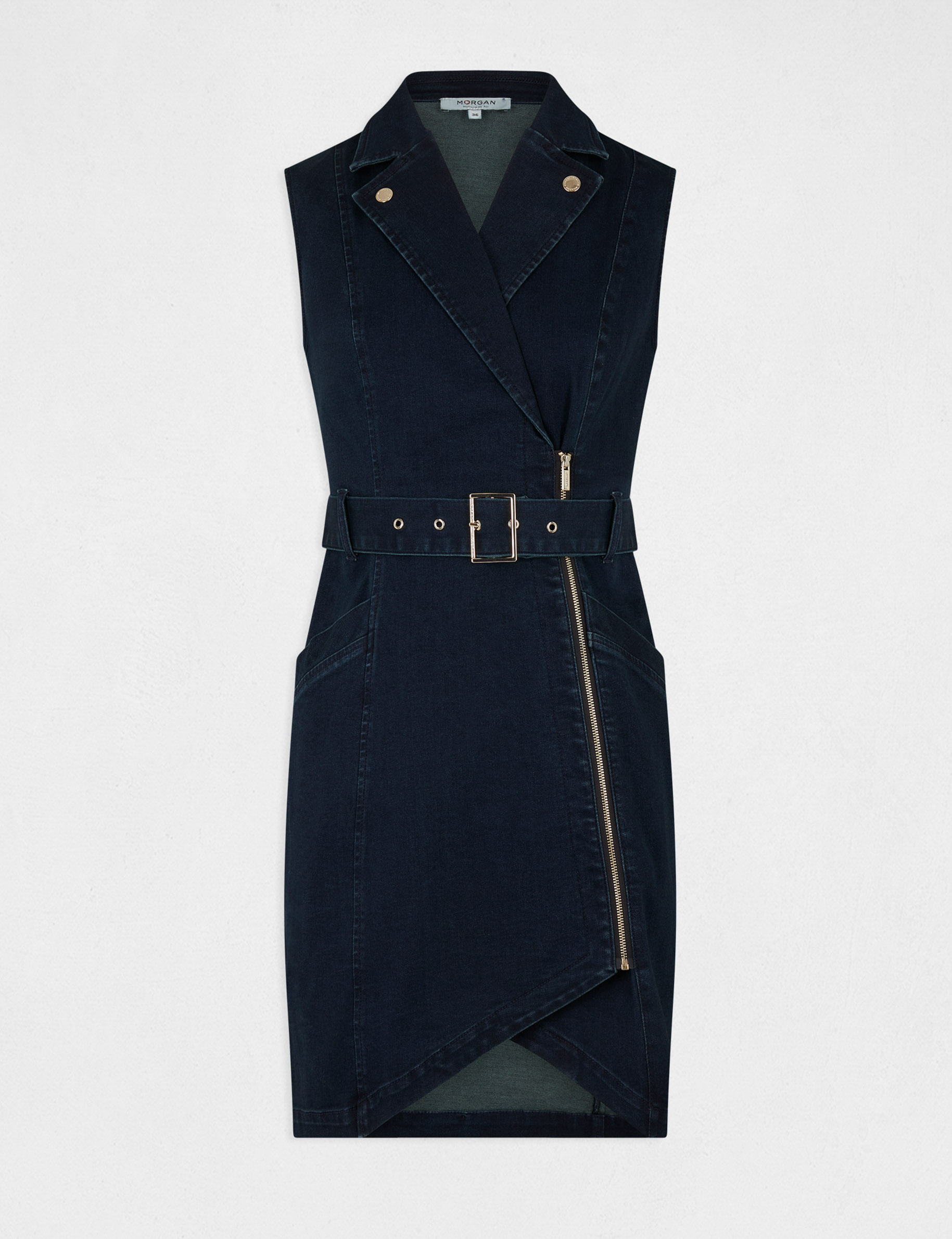 Robe ajustée drapée sans manches en jean jean brut femme Robe ajustée drapée sans manches en jean jean brut femme
