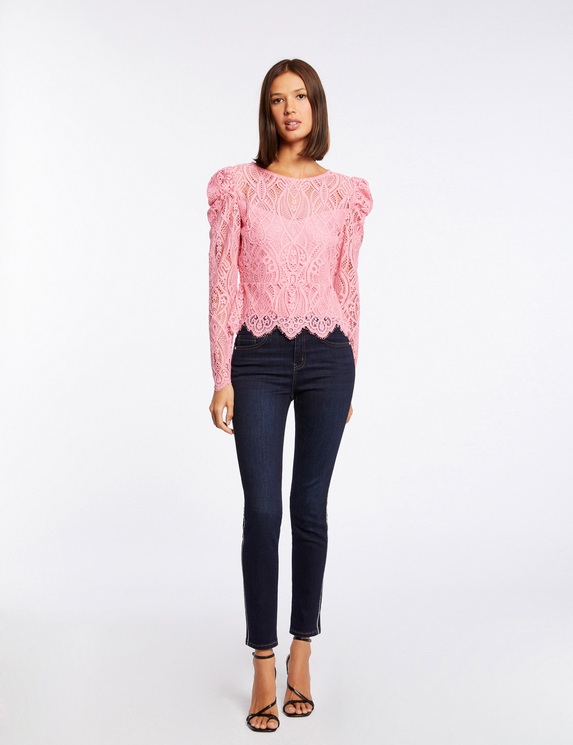 T-shirt manches longues à dentelle rose moyen femme T-shirt manches longues à dentelle rose moyen femme