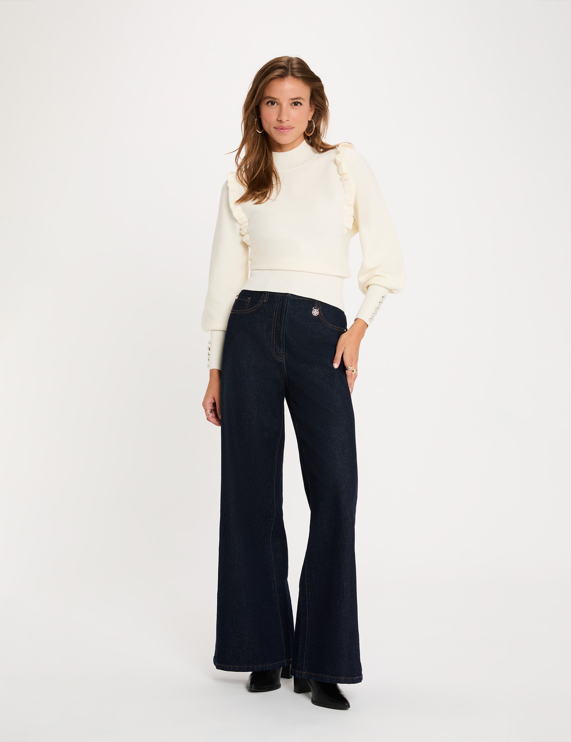 Pull manches longues avec volants ivoire femme