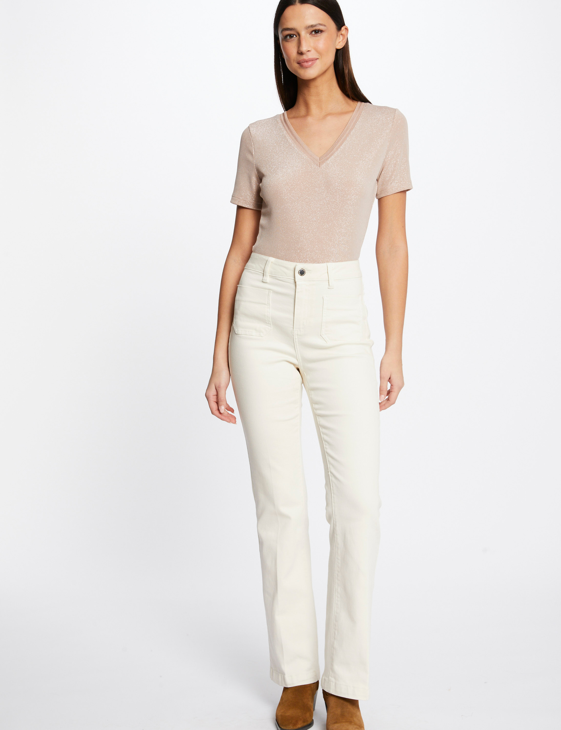 Pantalon droit avec pinces ivoire femme