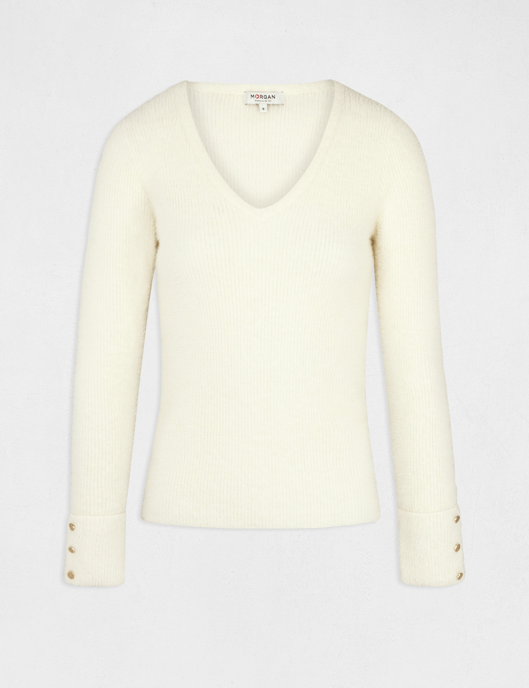 Pull manches longues maille duveteuse ivoire femme Pull manches longues maille duveteuse ivoire femme