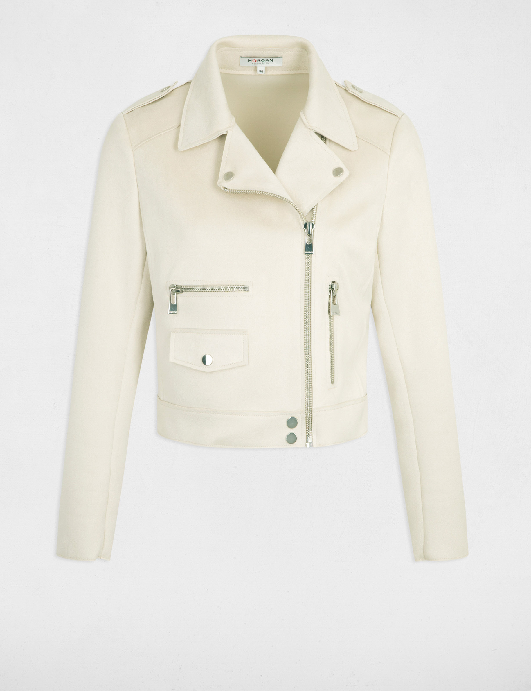 Blouson court zippe suedine beige clair femme Morgan