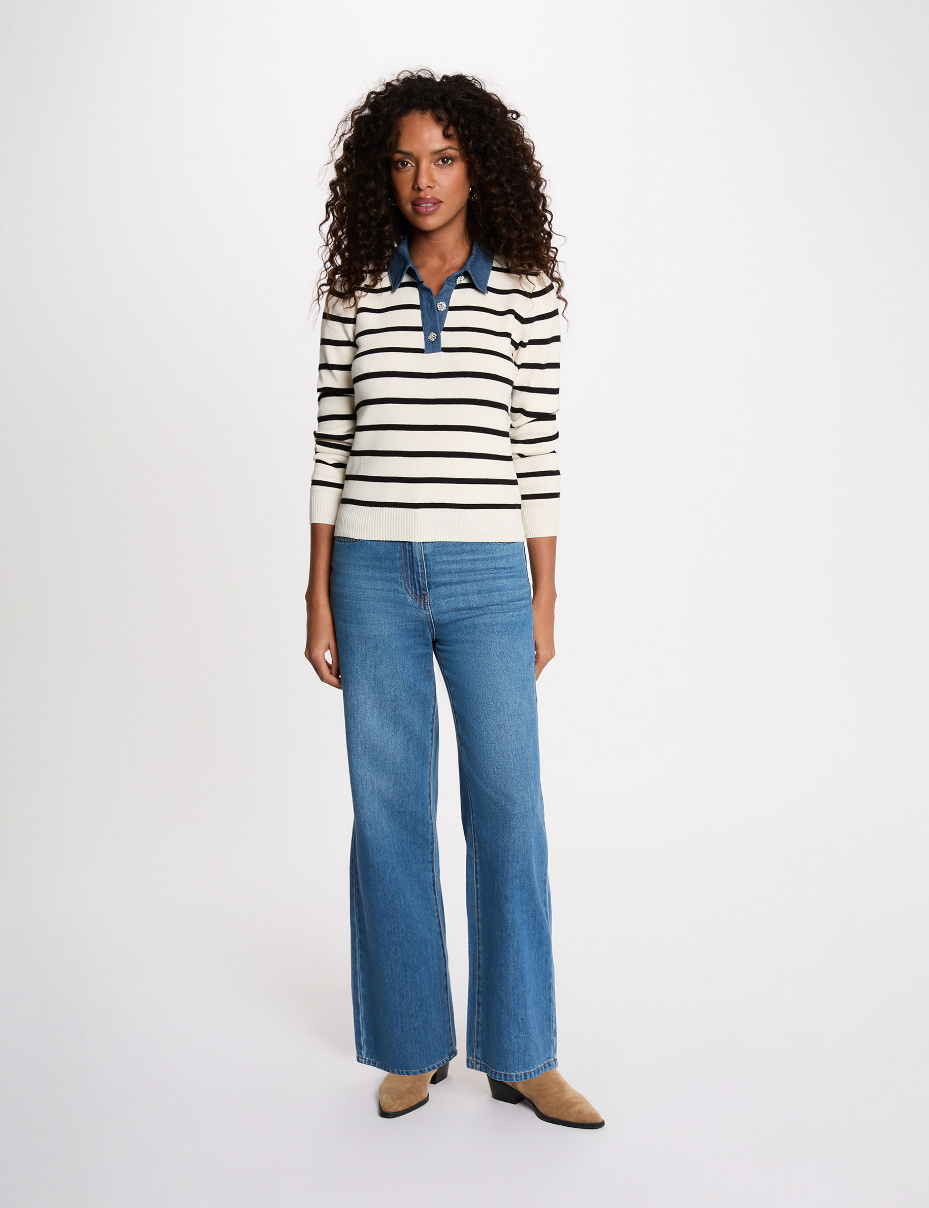 Pull ray&eacute; col &agrave; revers ivoire femme