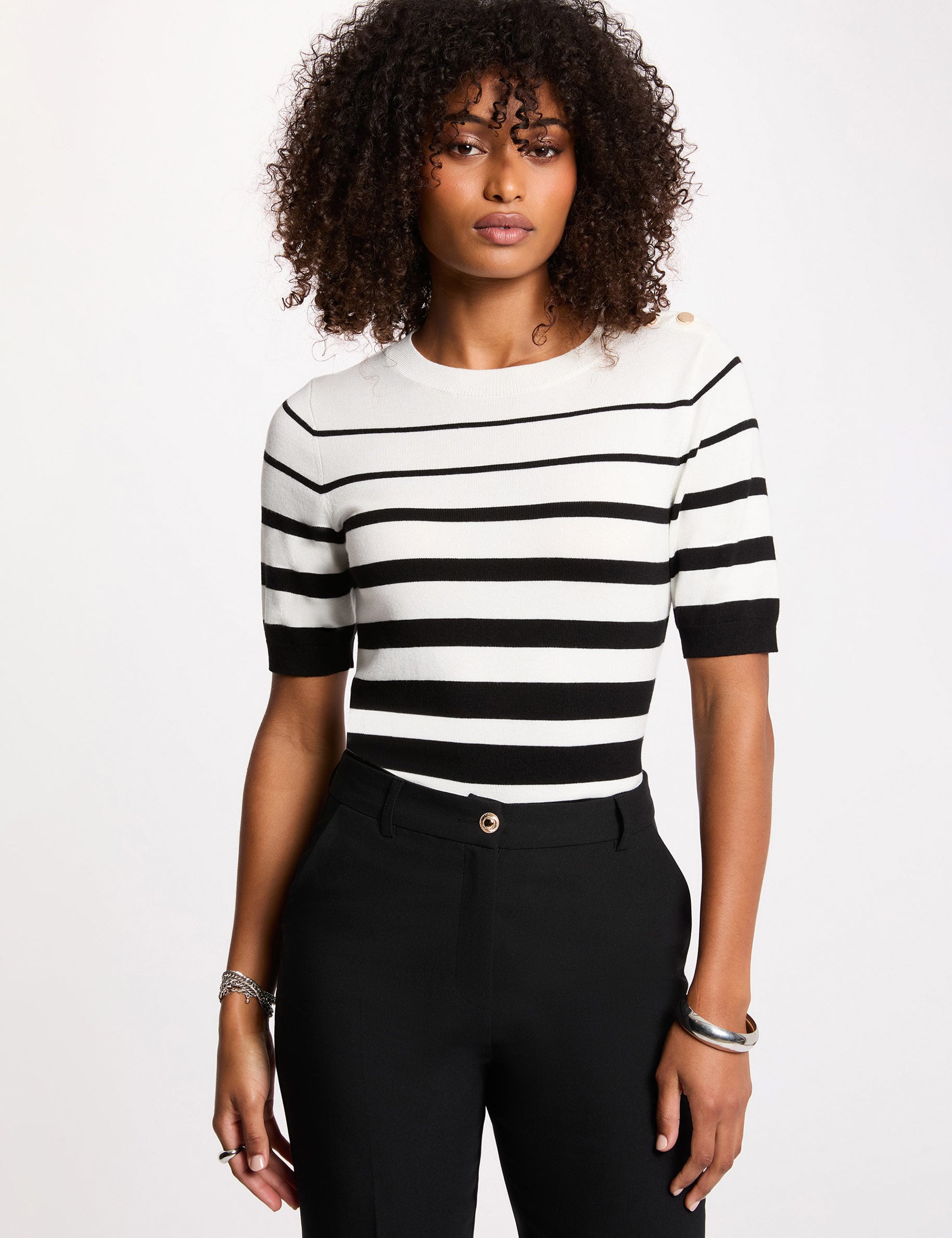 Pull ray&eacute; manches courtes blanc femme