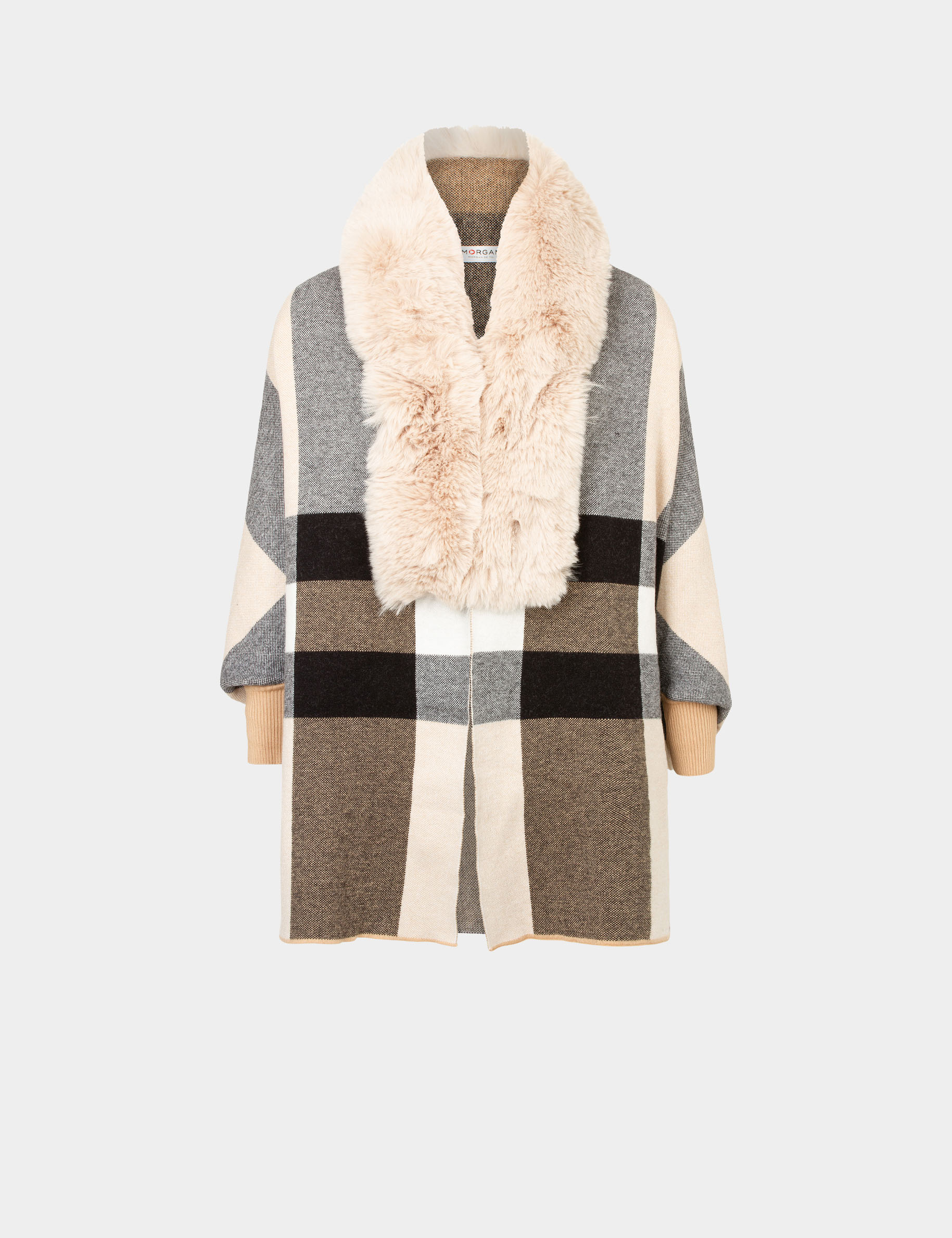 poncho a details imitation fourrure beige femme Poncho à détails imitation fourrure beige femme