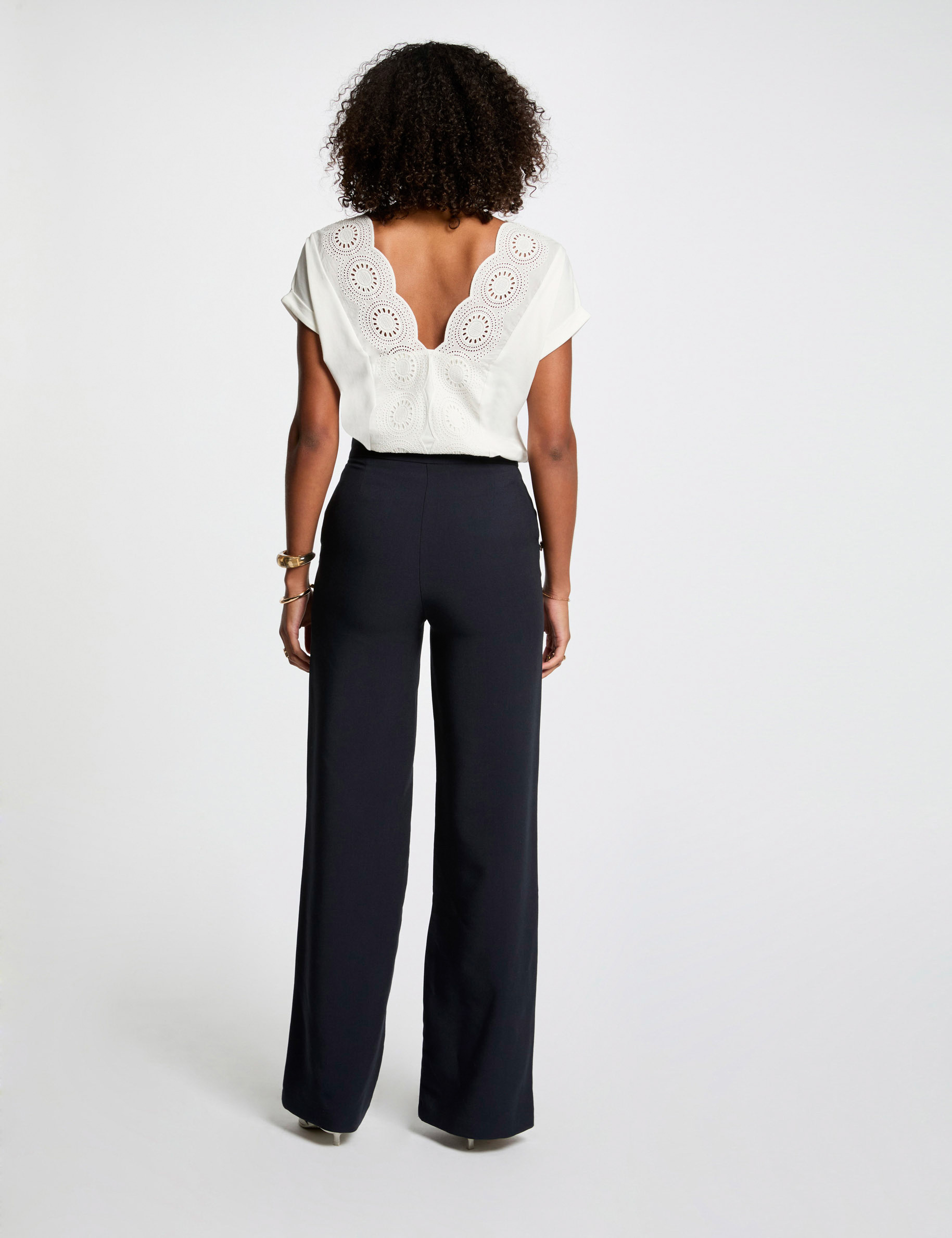 pantalon large a boutons bleu marine femme Pantalon large à boutons bleu marine femme
