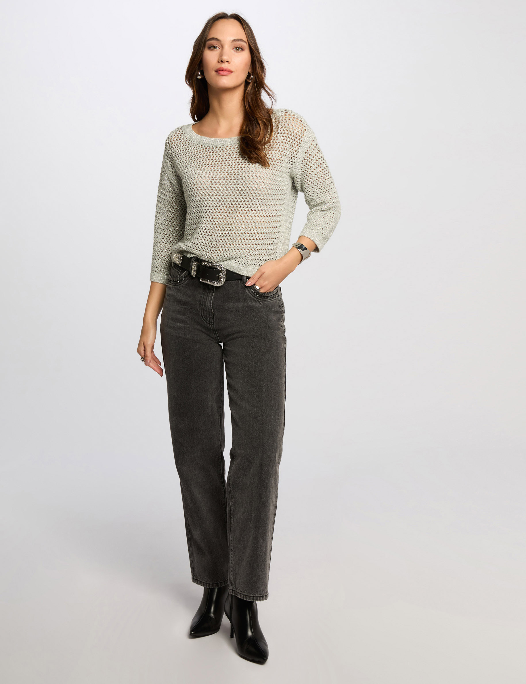 pull manches 34 ajoure vert clair femme Pull manches 3/4 ajouré vert clair femme