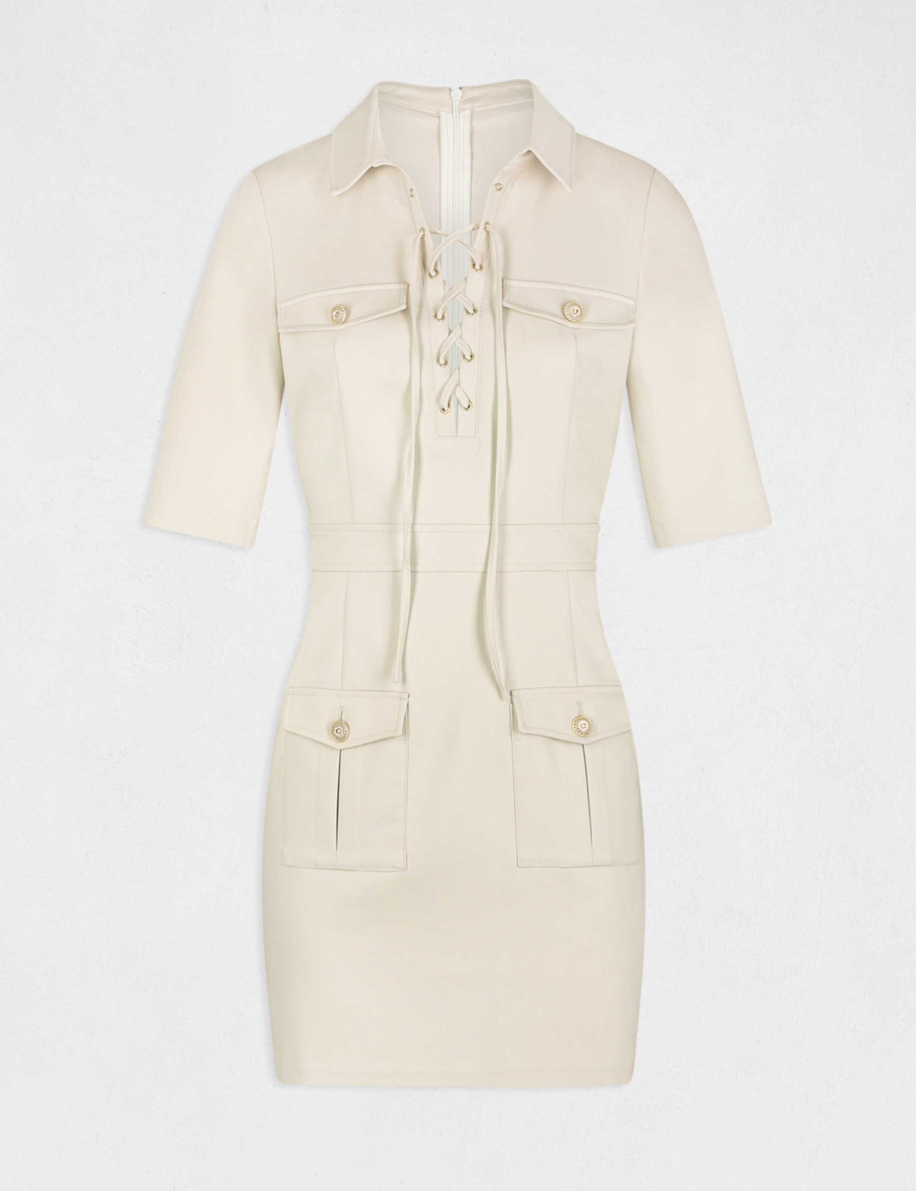 Robe droite avec col à laçage beige femme