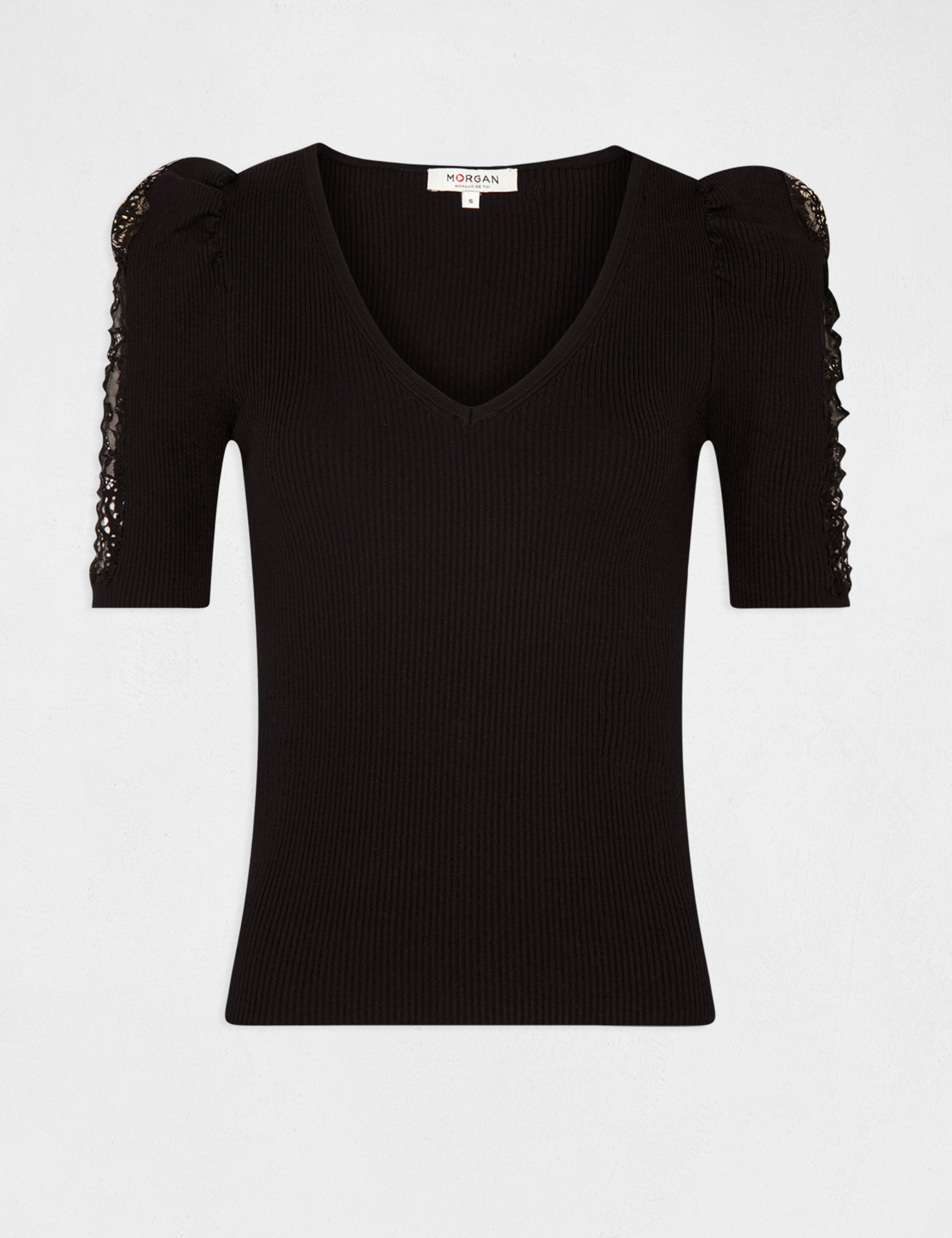 Pull manches courtes avec dentelle noir femme Pull manches courtes avec dentelle noir femme