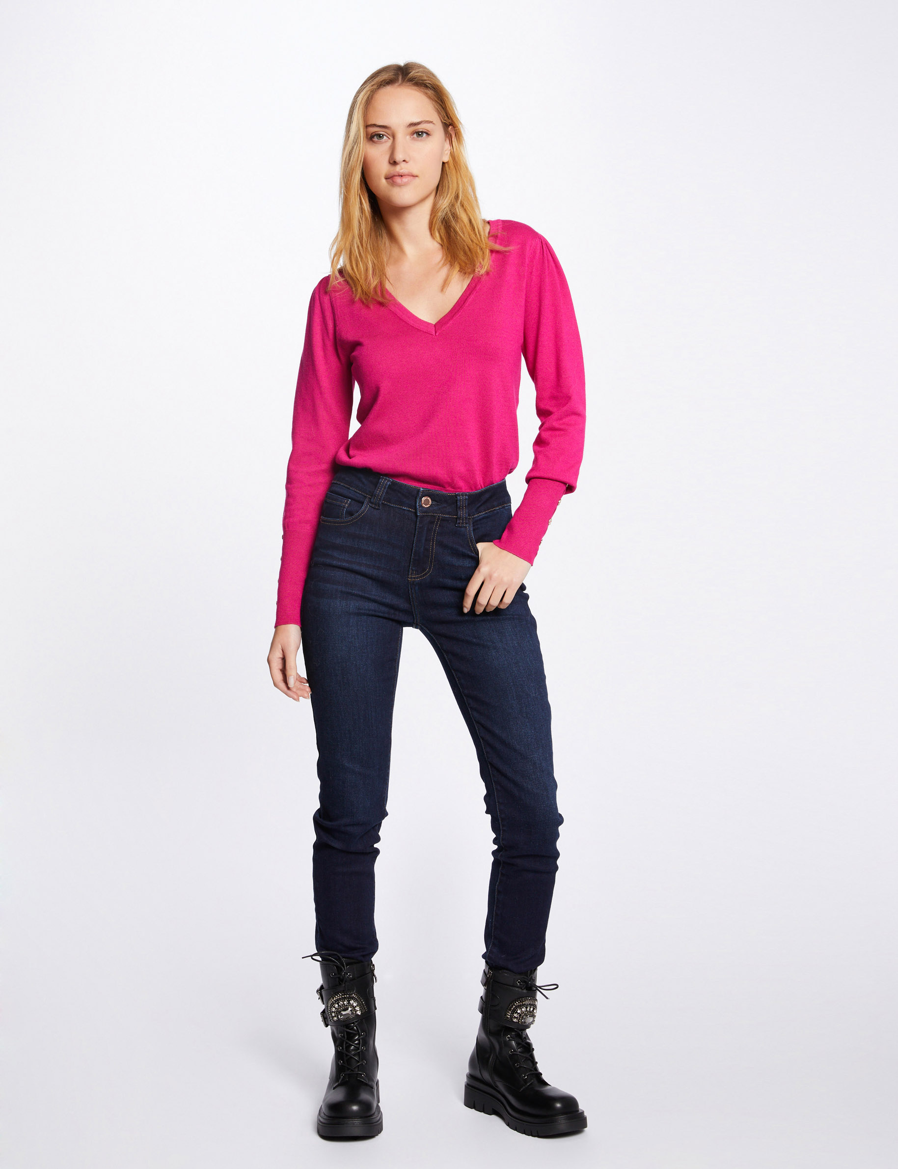Pull manches longues avec col en V rose fonce femme