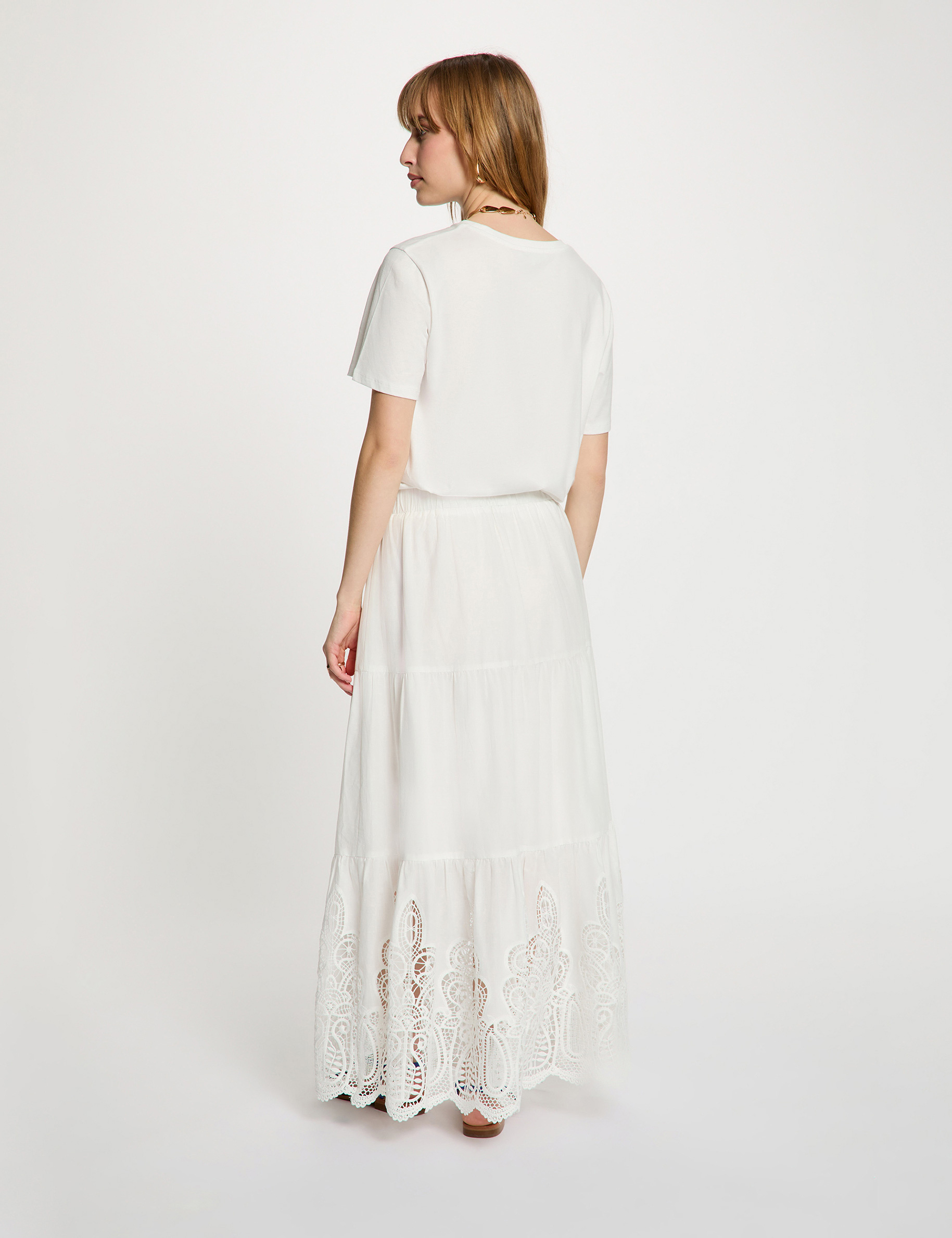 Jupe longue d&eacute;tail dentelle blanc femme