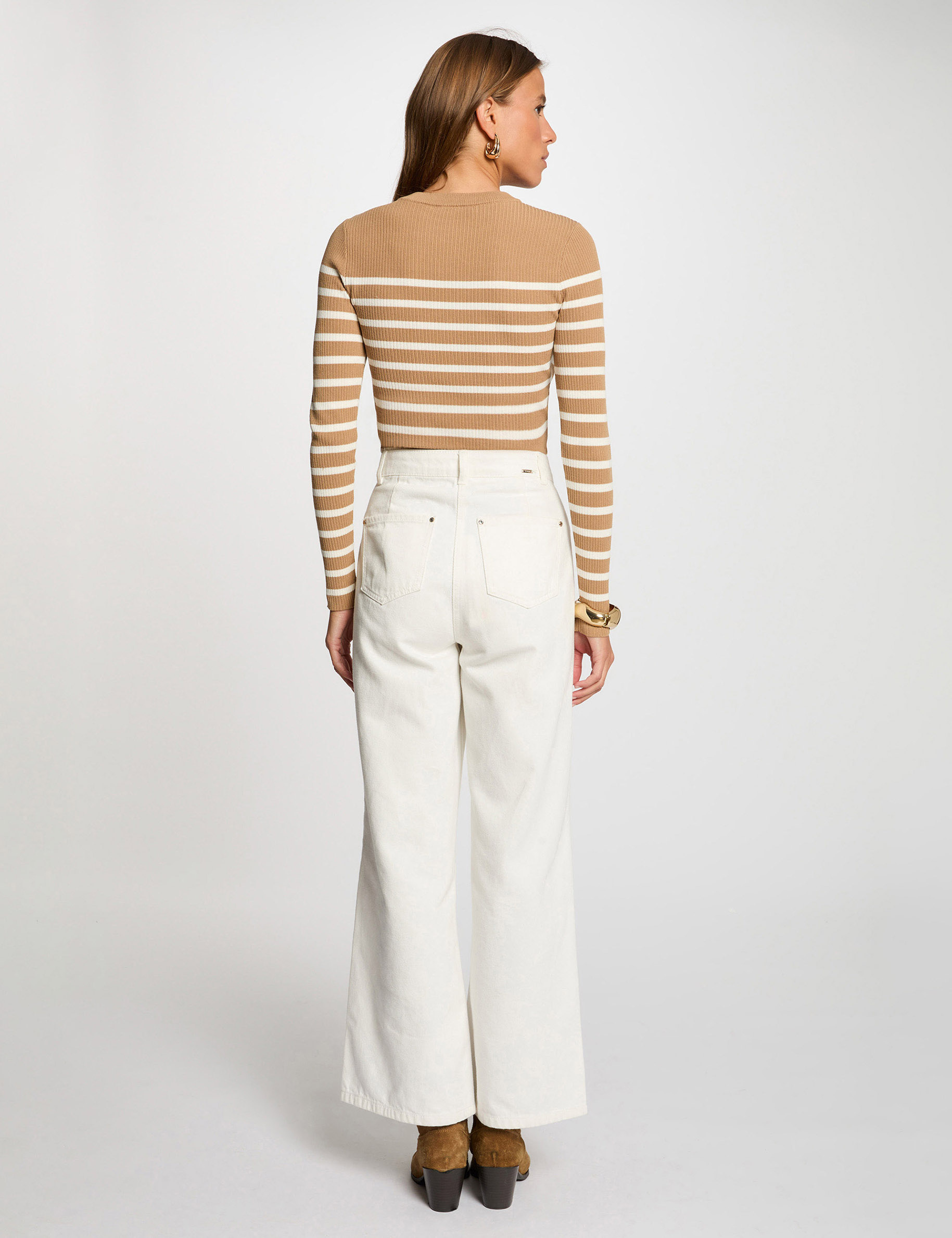 Pull manches longues à rayures camel femme