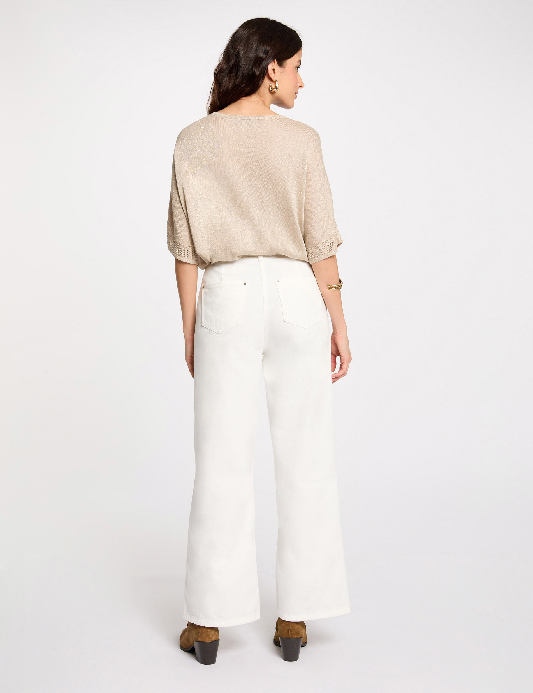 Pull col en V manches courtes sable femme