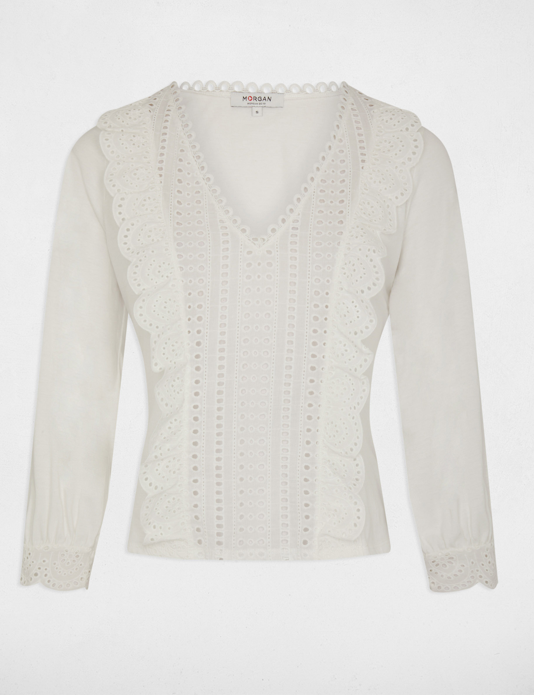 t shirt manches 34 broderie ecru femme T-shirt manches 3/4 broderie ecru femme
