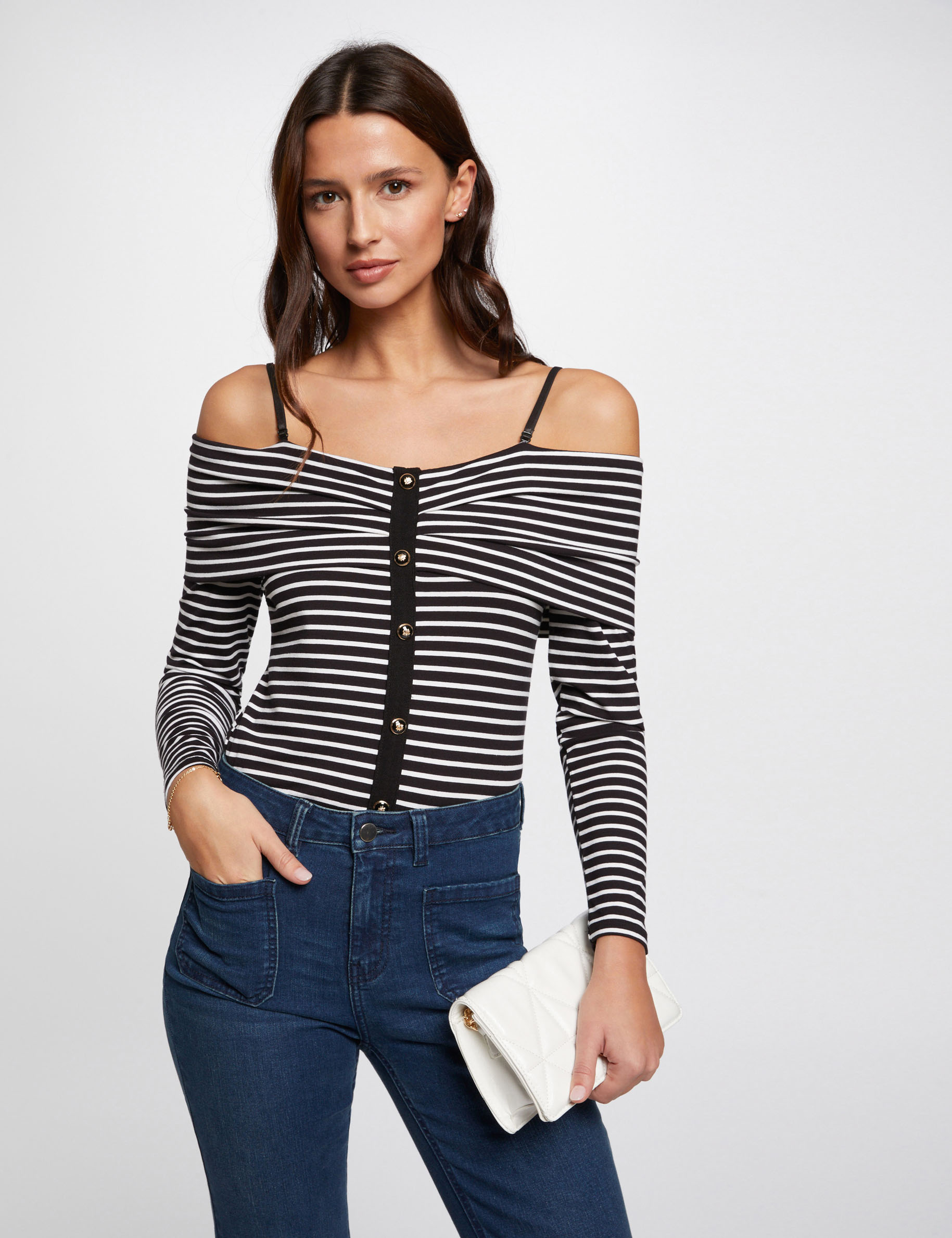 t shirt manches longues raye ivoire femme T-shirt manches longues rayé ivoire femme