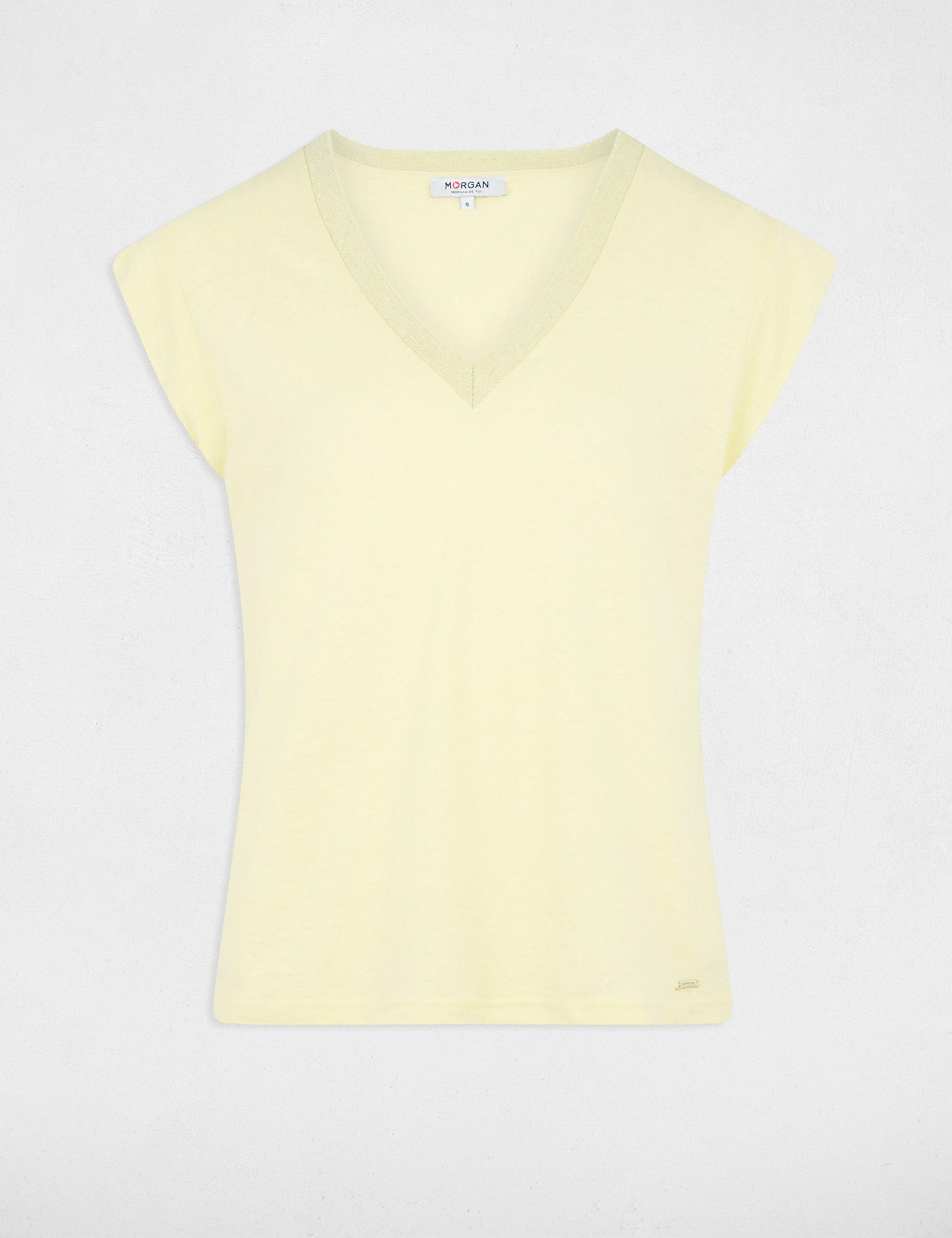 t shirt manches courtes a col en v jaune clair femme T-shirt manches courtes à col en V jaune clair femme