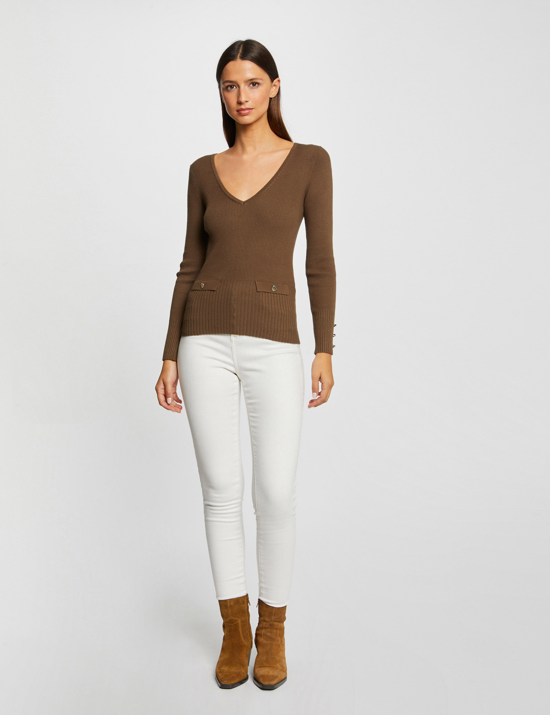 pull manches longues cotele a col en v vert moyen femme Pull manches longues côtelé à col en V vert moyen femme