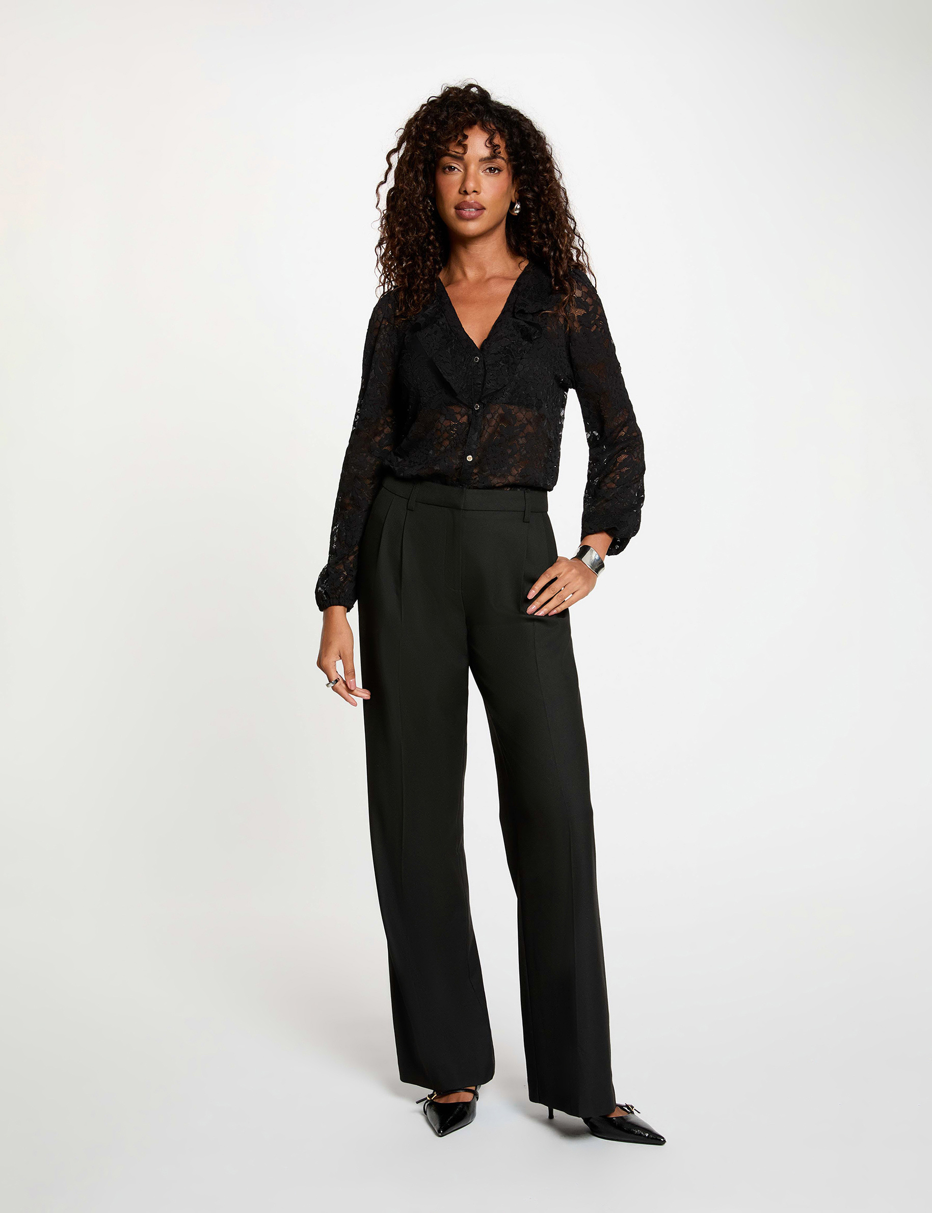 Chemise dentelle col v noir femme