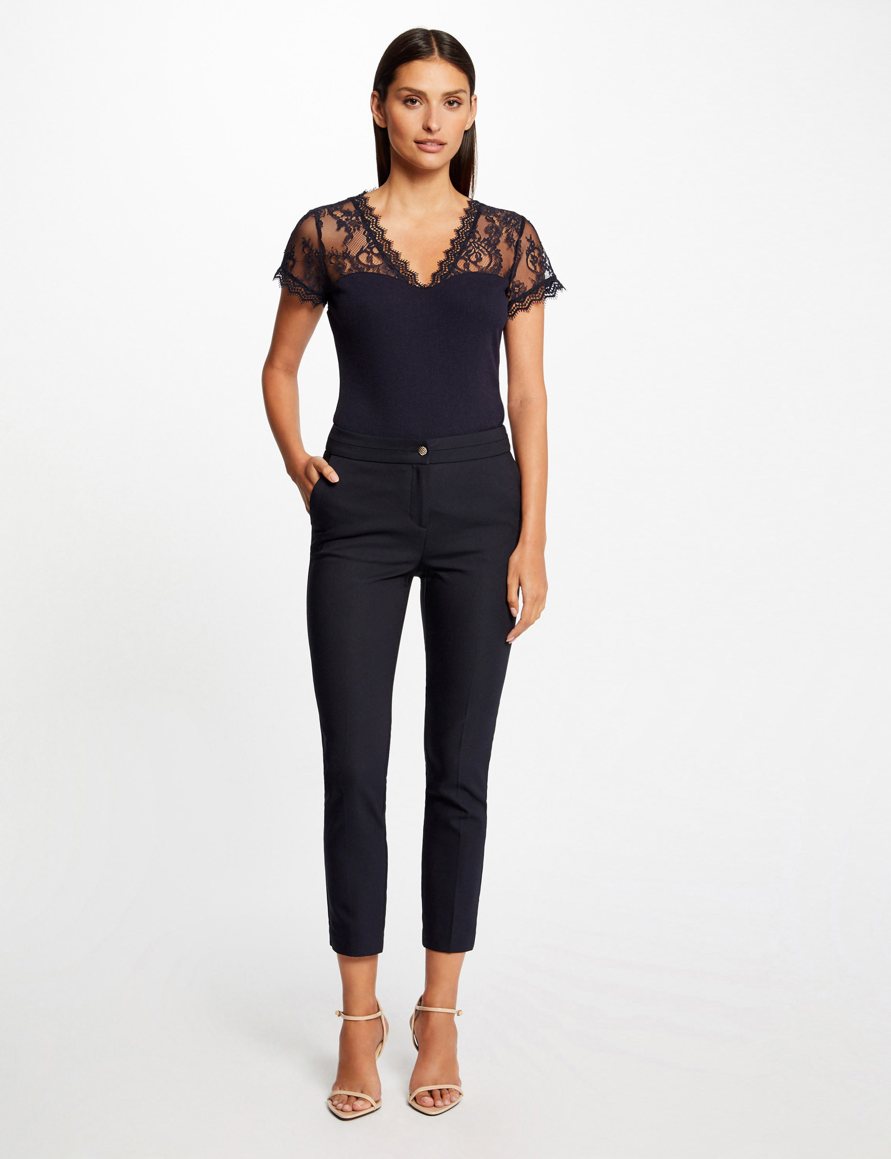 t shirt manches courtes a dentelle marine femme T-shirt manches courtes à dentelle marine femme