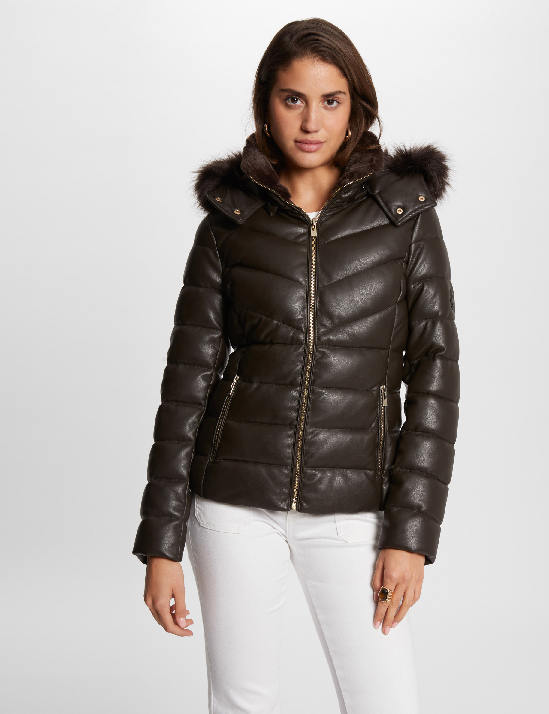 doudoune simili cuir capuche marron femme Doudoune simili cuir capuche marron femme