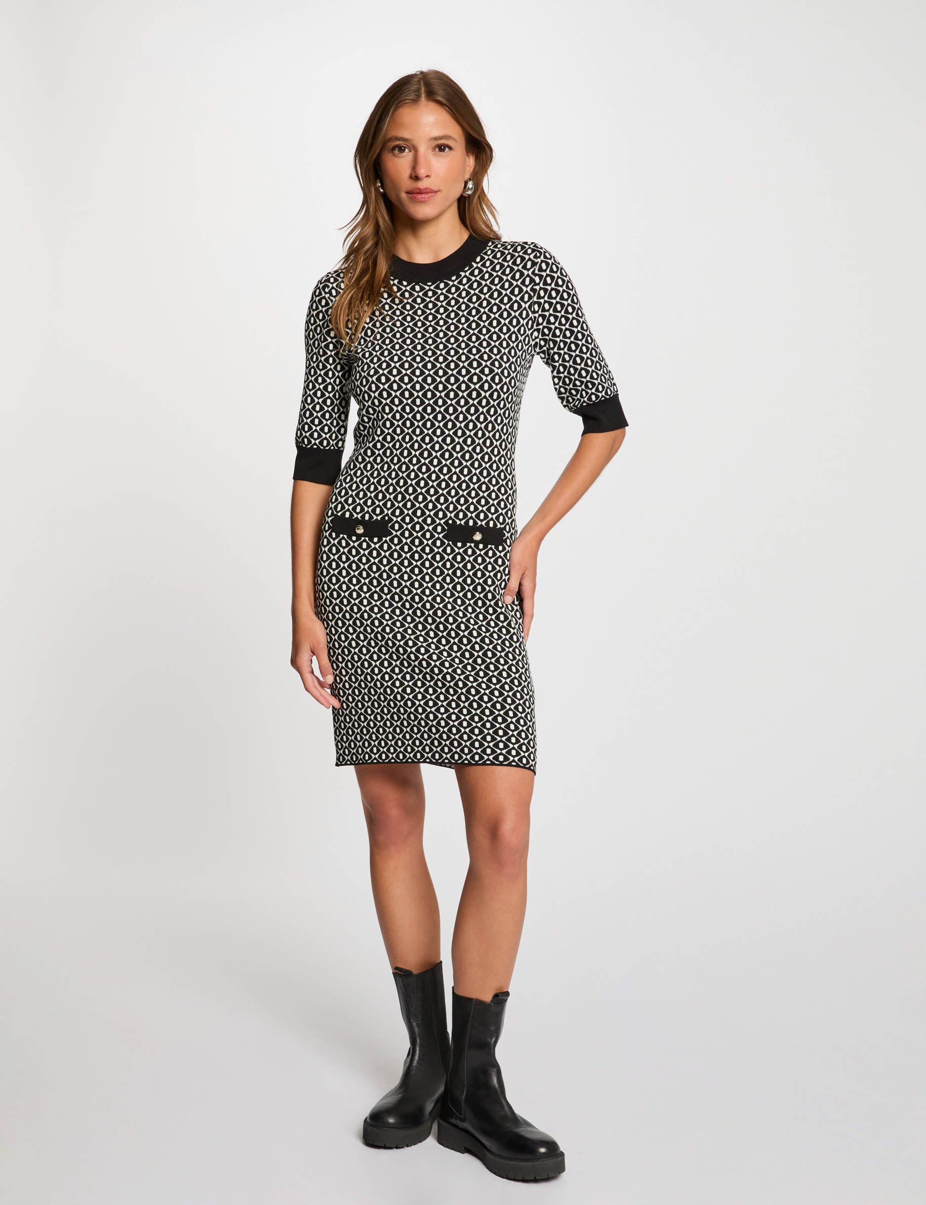 Robe tricot ajust&eacute;e imprim&eacute;e noir femme