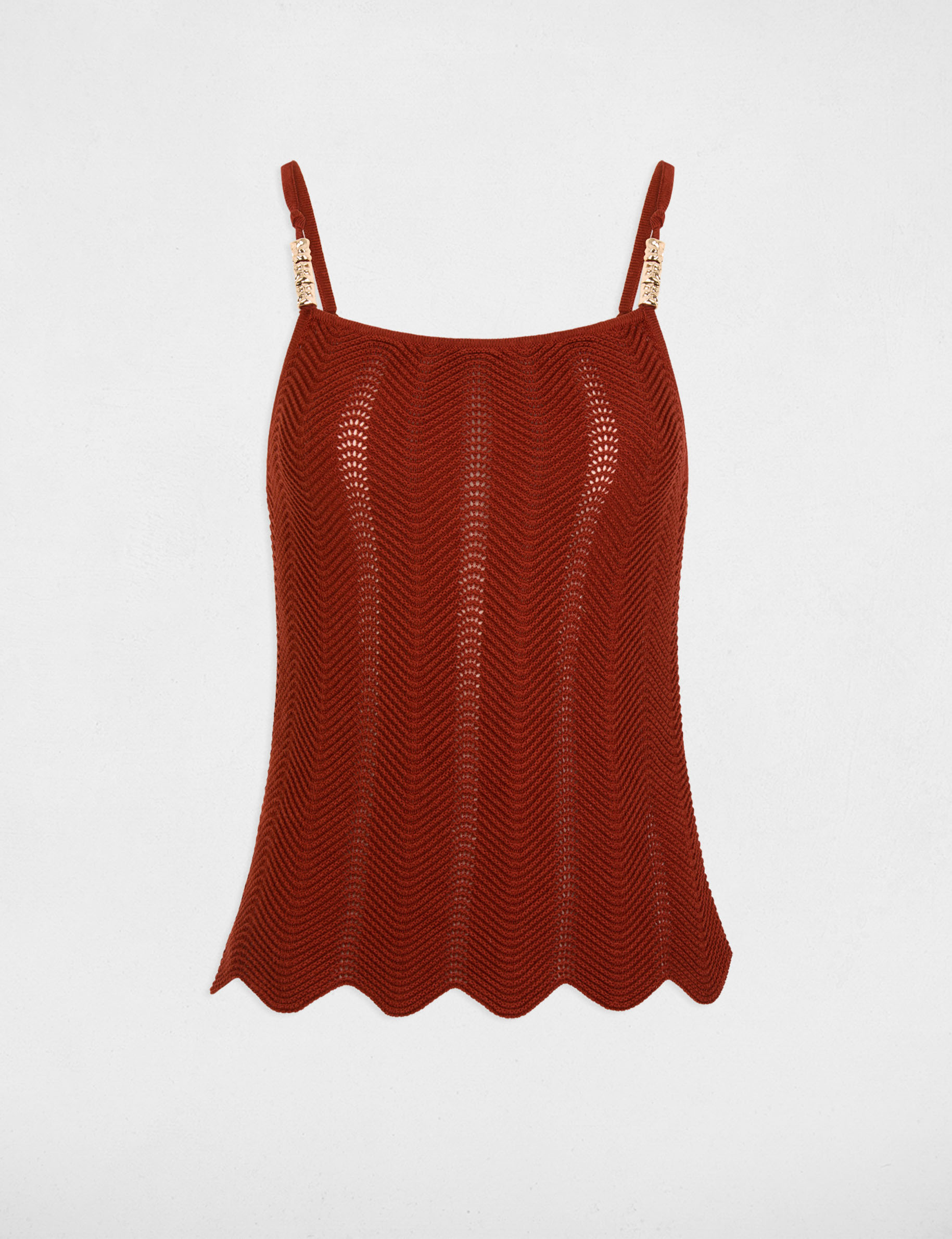 Top maille bretelles fines marron cognac femme