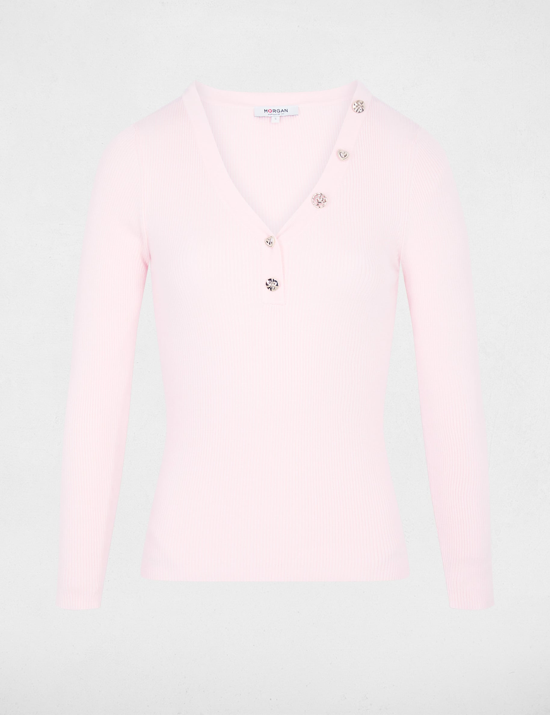 Pull col v fantaisie rose clair femme
