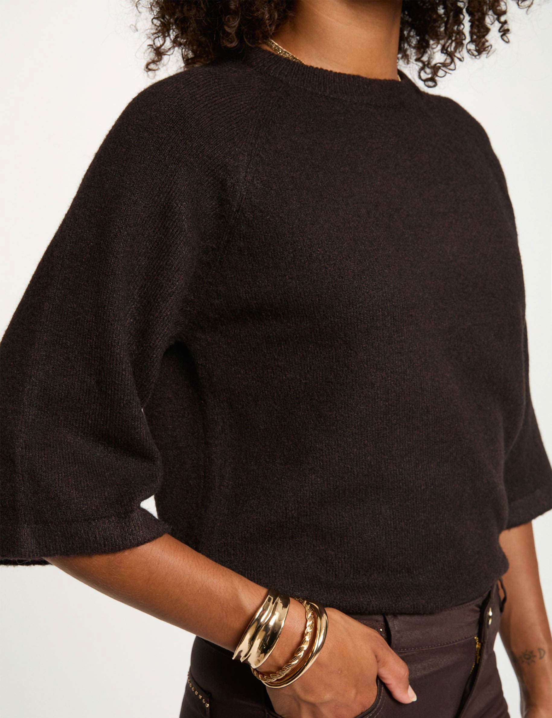 Pull manches 3/4 oversize marron fonc&eacute; femme