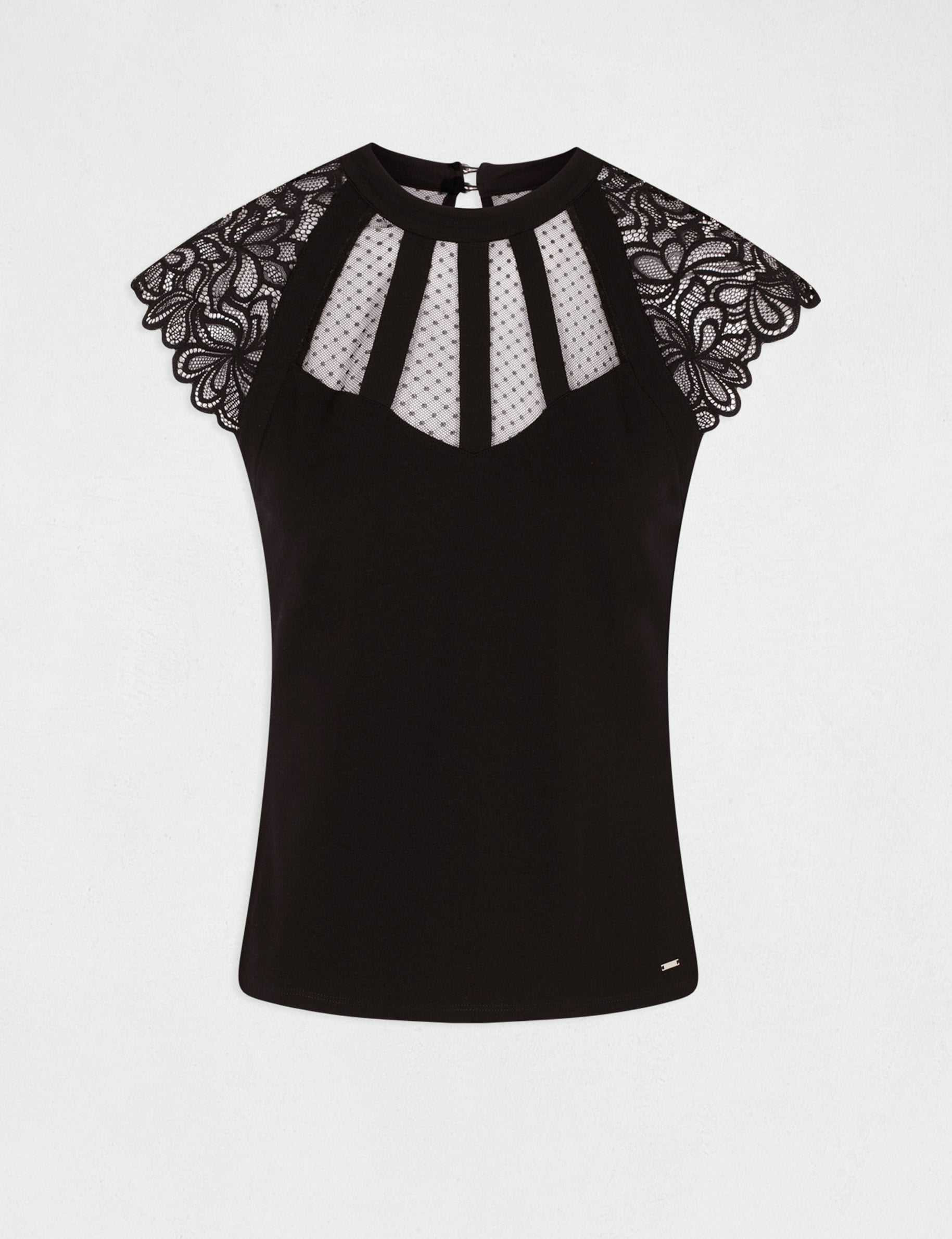 T-shirt dentelle col montant noir femme
