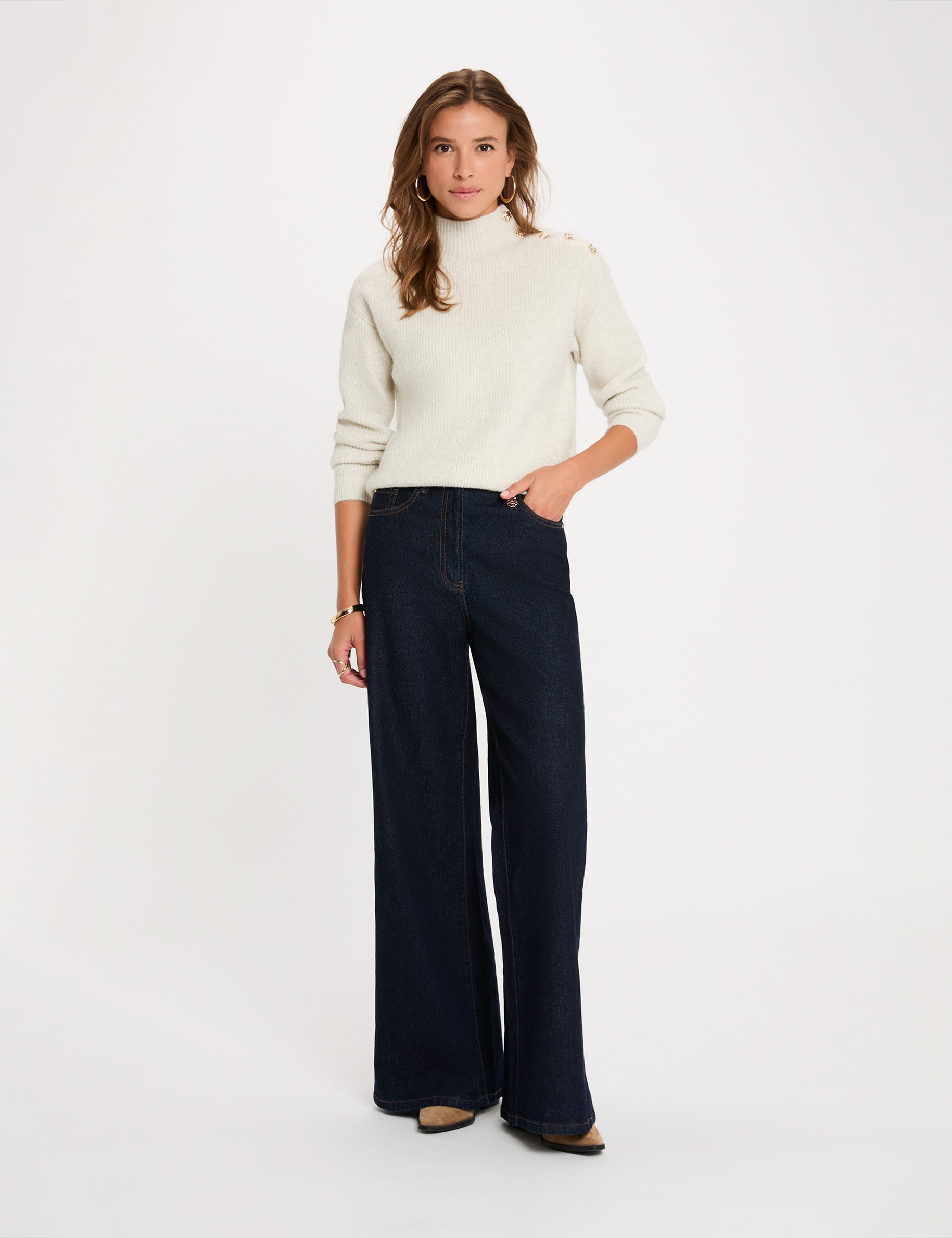 Pull col montant ivoire femme
