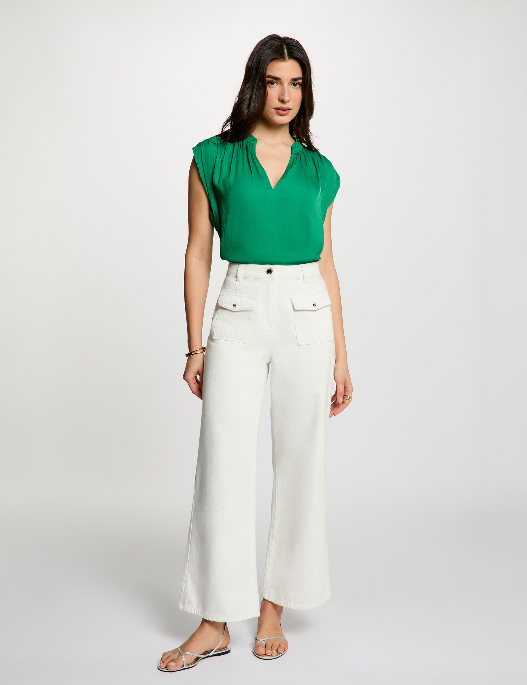 Blouse manches courtes satin vert prairie femme