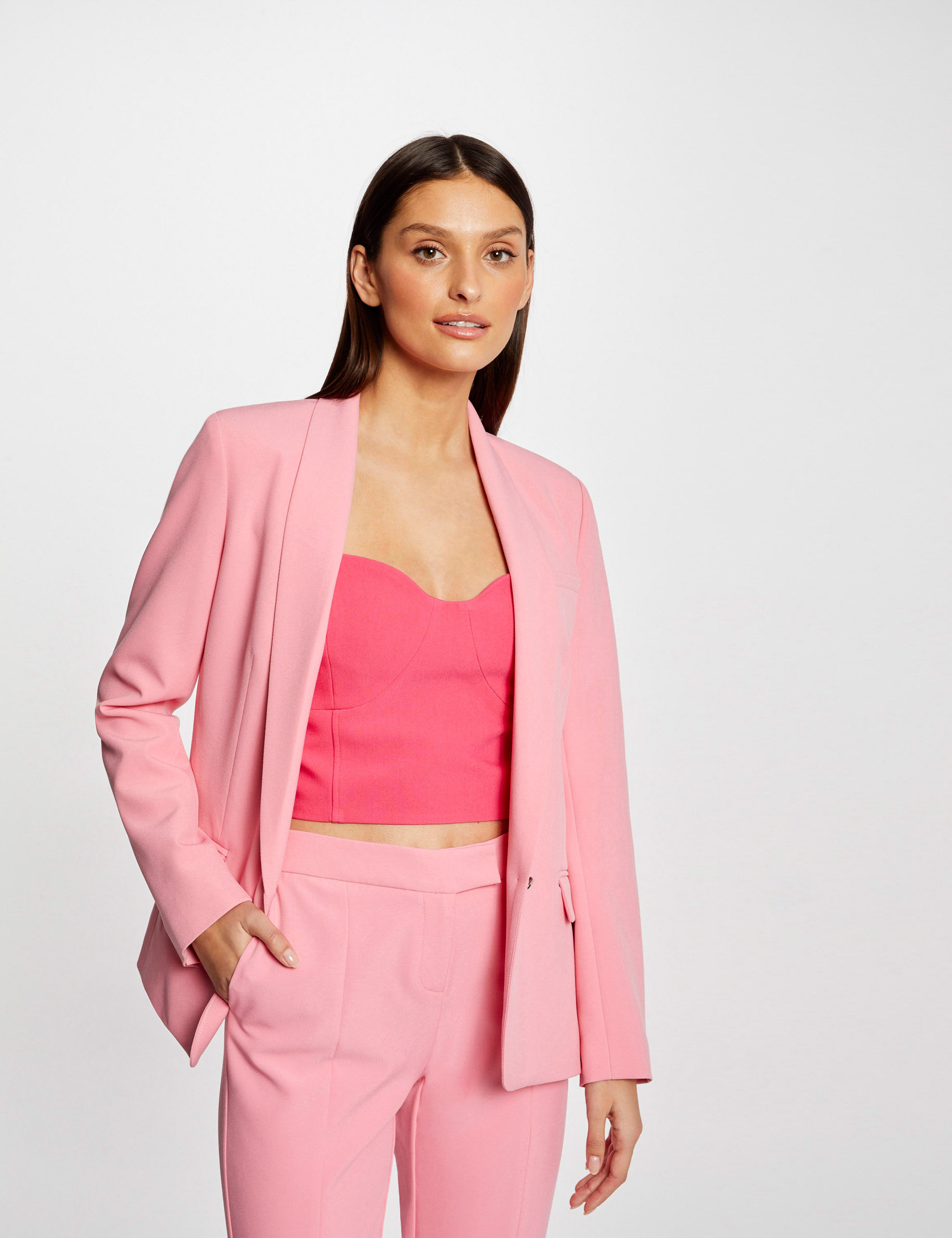 Veste tailleur droite avec col châle rose clair femme Veste tailleur droite avec col châle rose clair femme