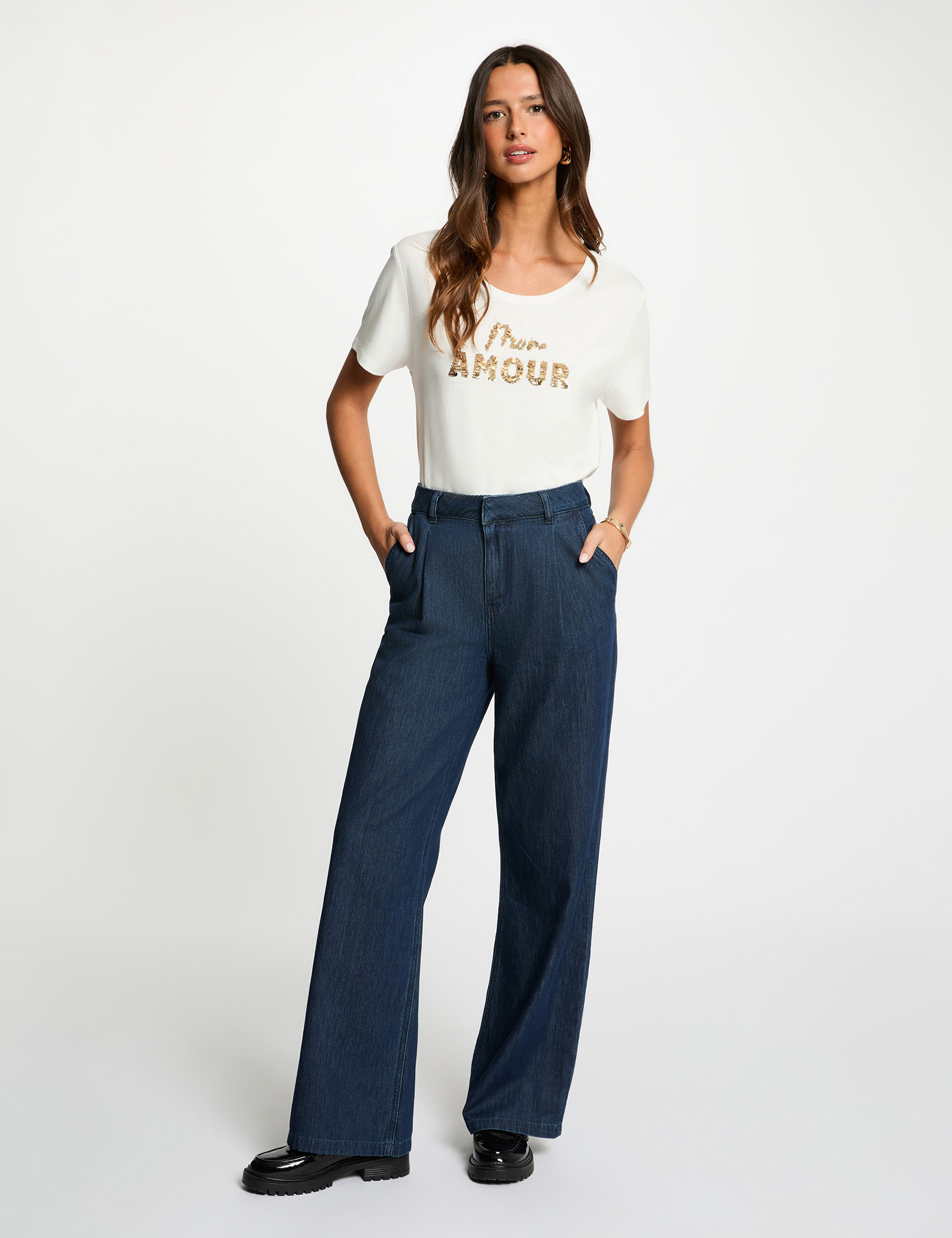 T-shirt brod&eacute; sequins blanc femme